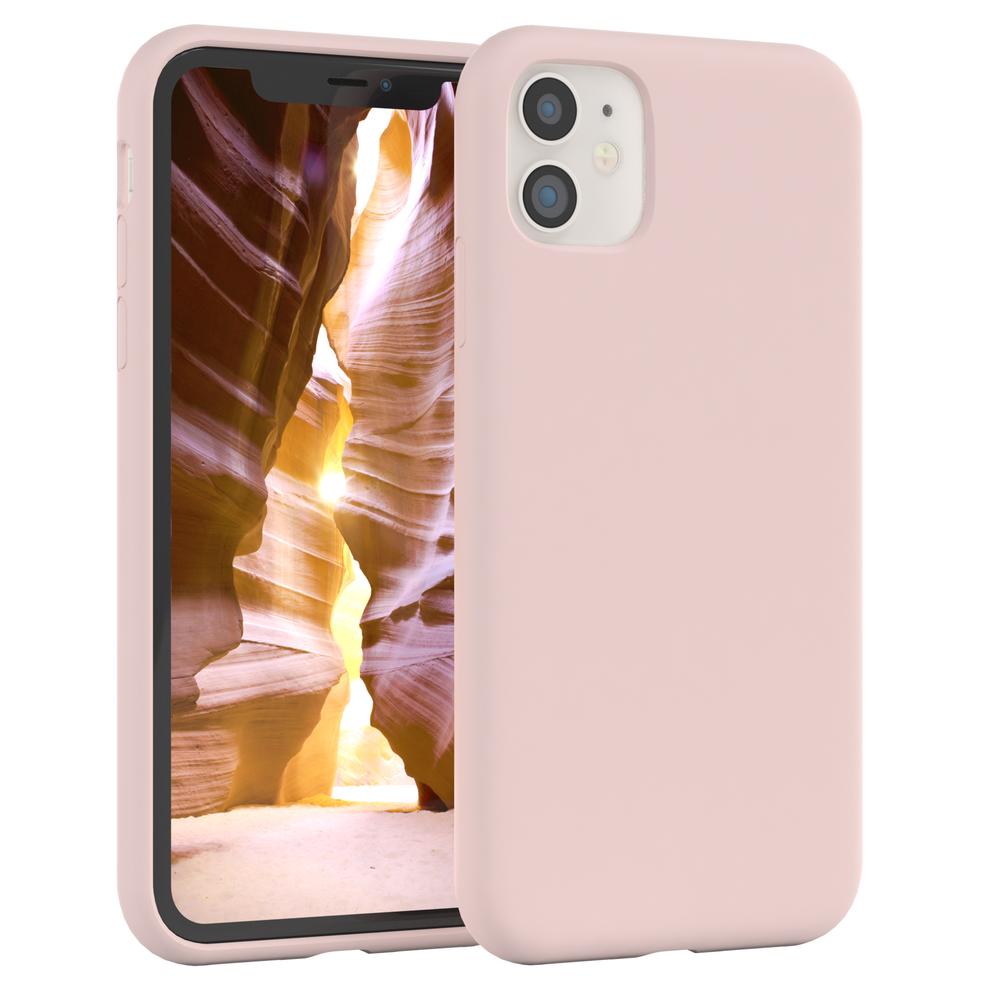 Rosafarbene Handyhülle mit Telefon, das orange Felsformation zeigt.