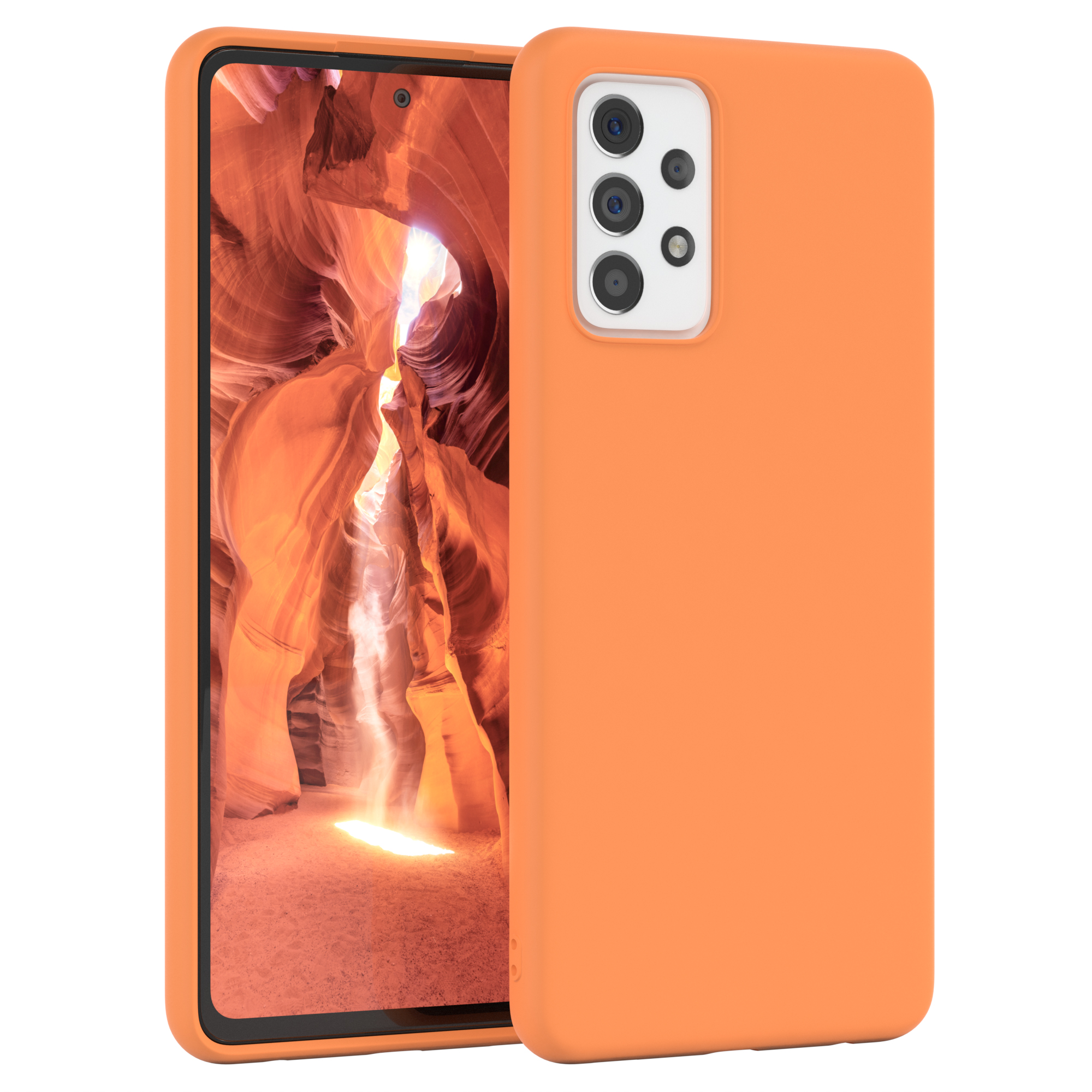 Orange Handyhülle mit Telefon, das eine Canyon-Szene zeigt. Weißer Hintergrund.