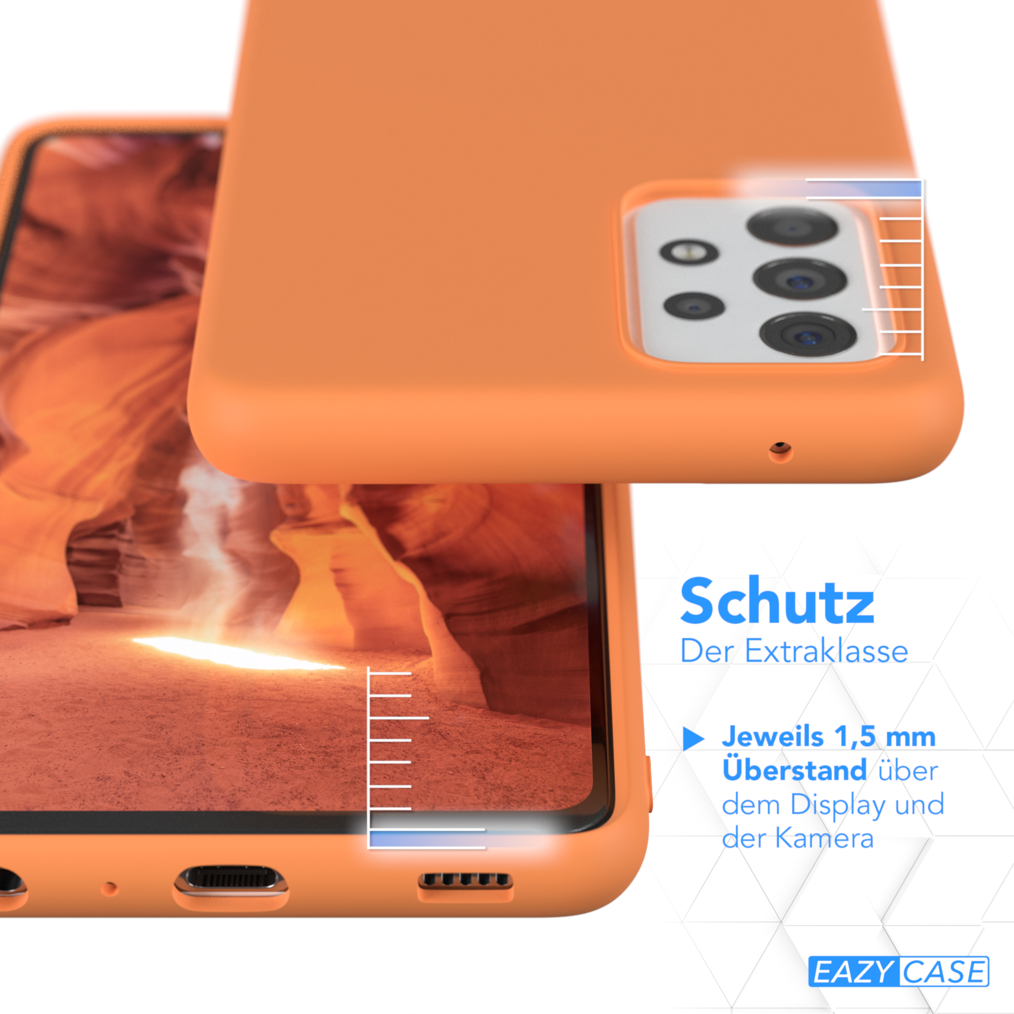 Eine orangefarbene Handyhülle. Die Hülle befindet sich über einem Telefon und zeigt den Kamerabereich.