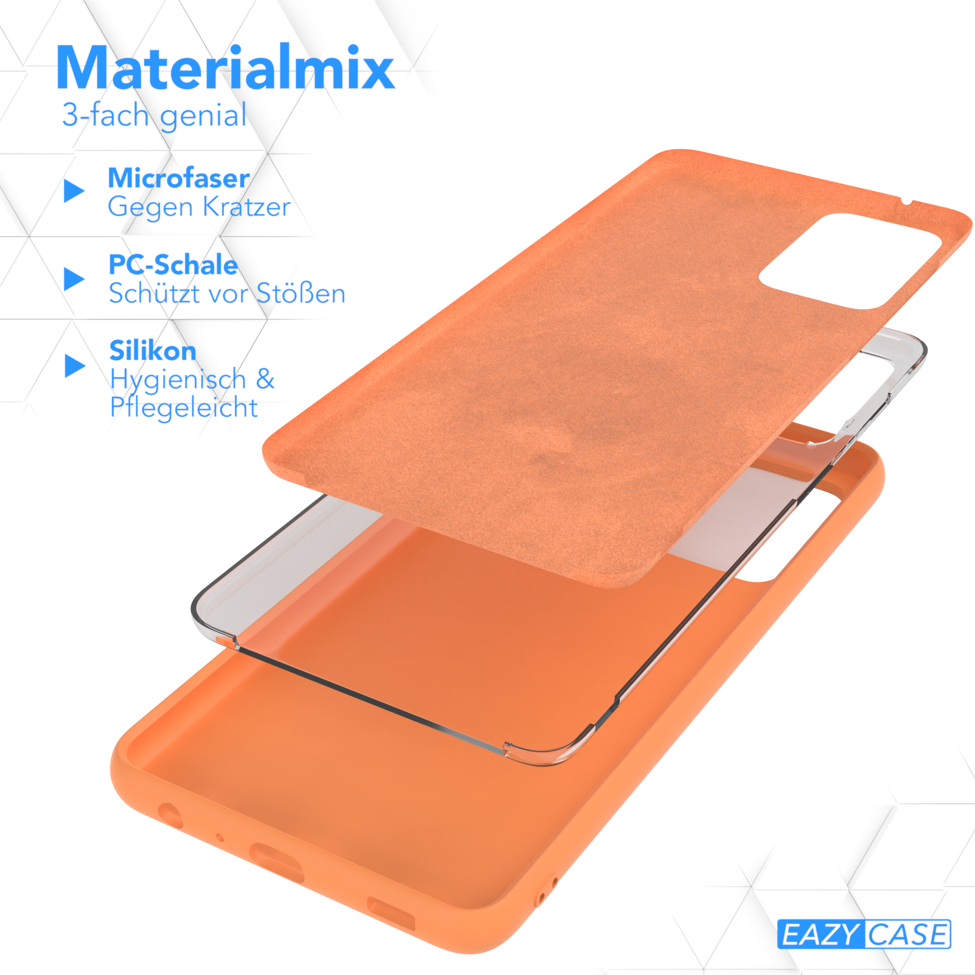 Orangefarbene Handyhüllen-Schichten: Mikrofaser, PC-Schale und Silikon. Die Handyhülle ist orange.