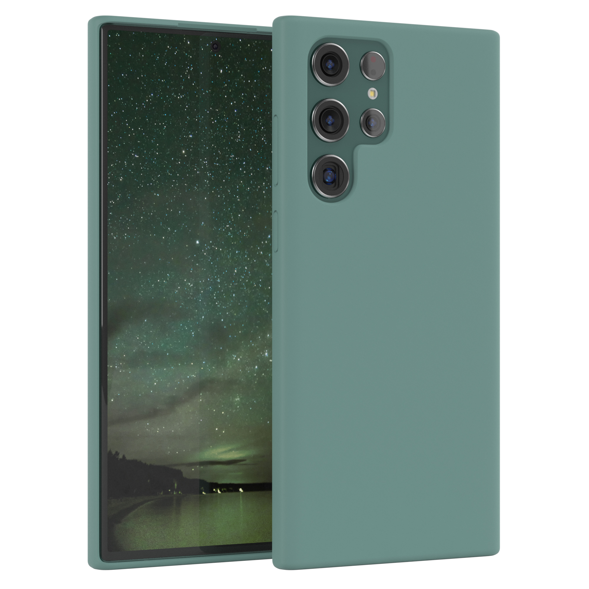 Grüne Handyhülle mit Telefon. Weißer Hintergrund.