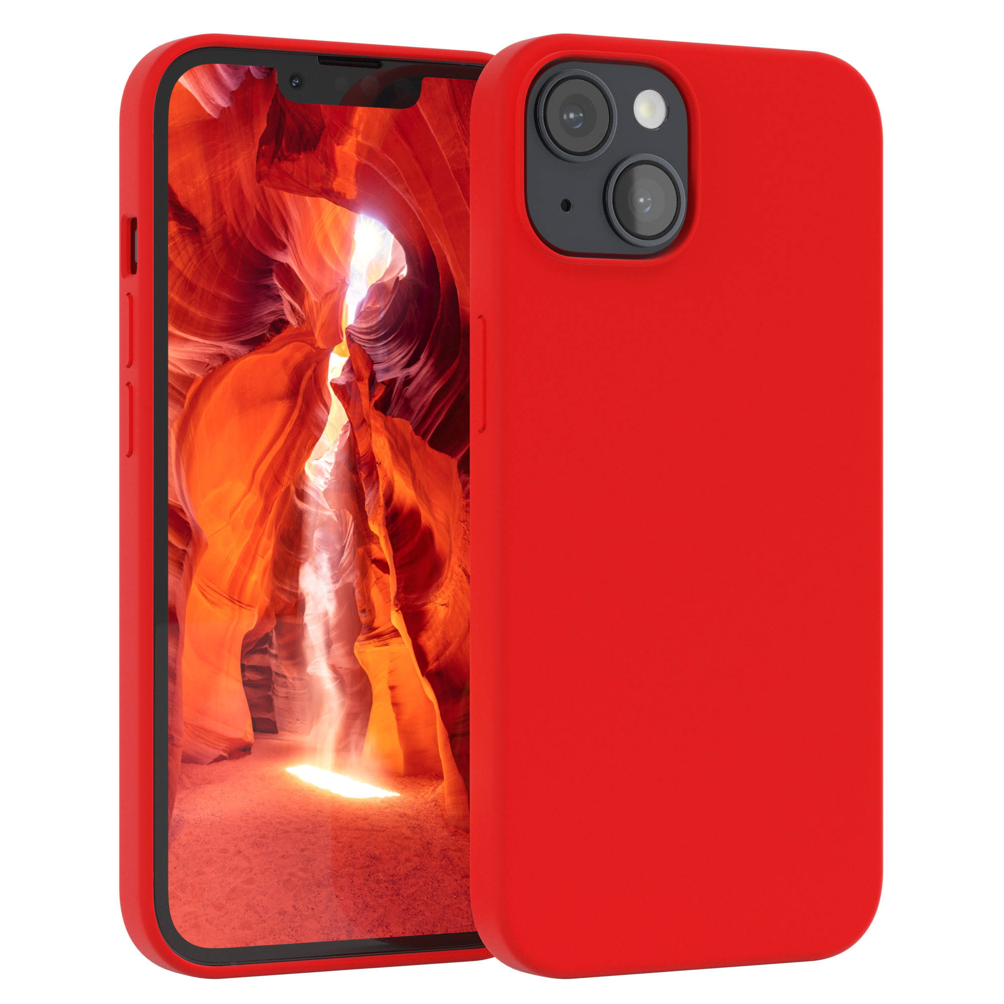 Rote Handyhülle auf iPhone. Roter Fall. Der Hintergrund ist ein roter Canyon.