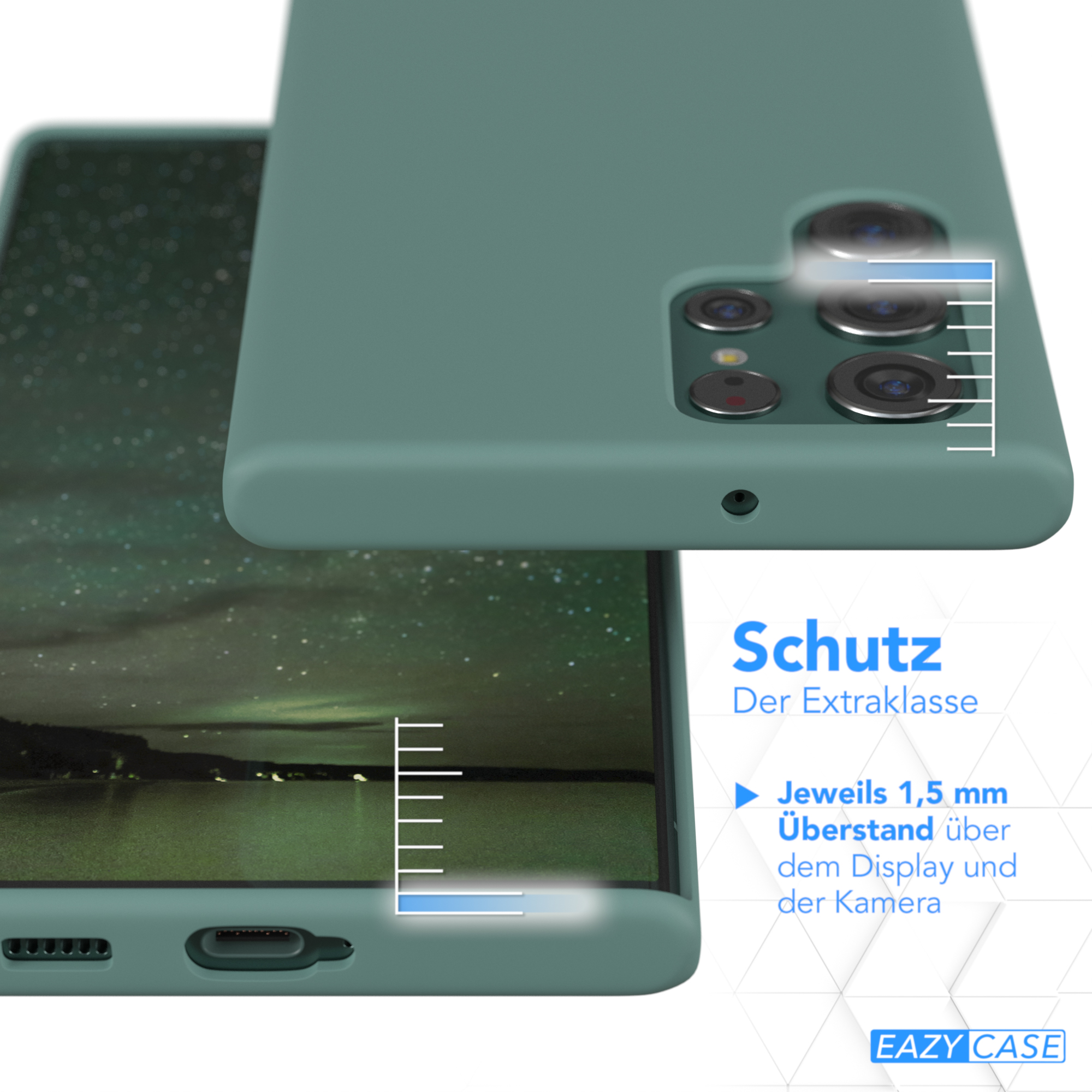 Grüne Handyhülle auf Telefon. Text deutet auf Schutzfunktionen hin.