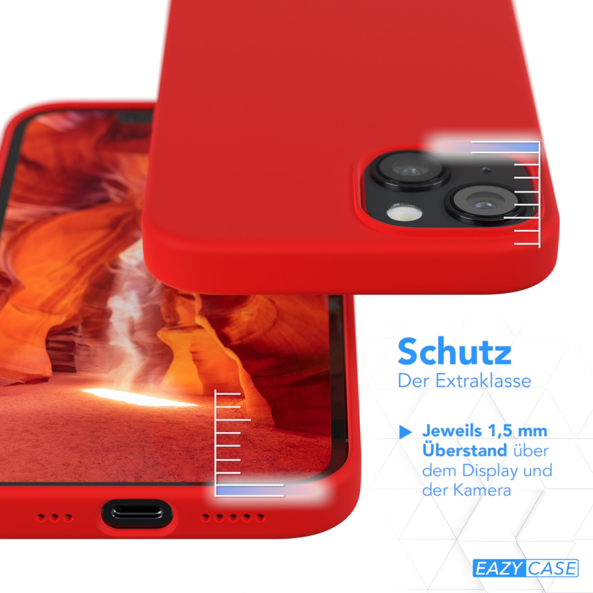 Eine rote Handyhülle mit einem Telefon darin. Das Telefon zeigt ein Bild eines Canyons.