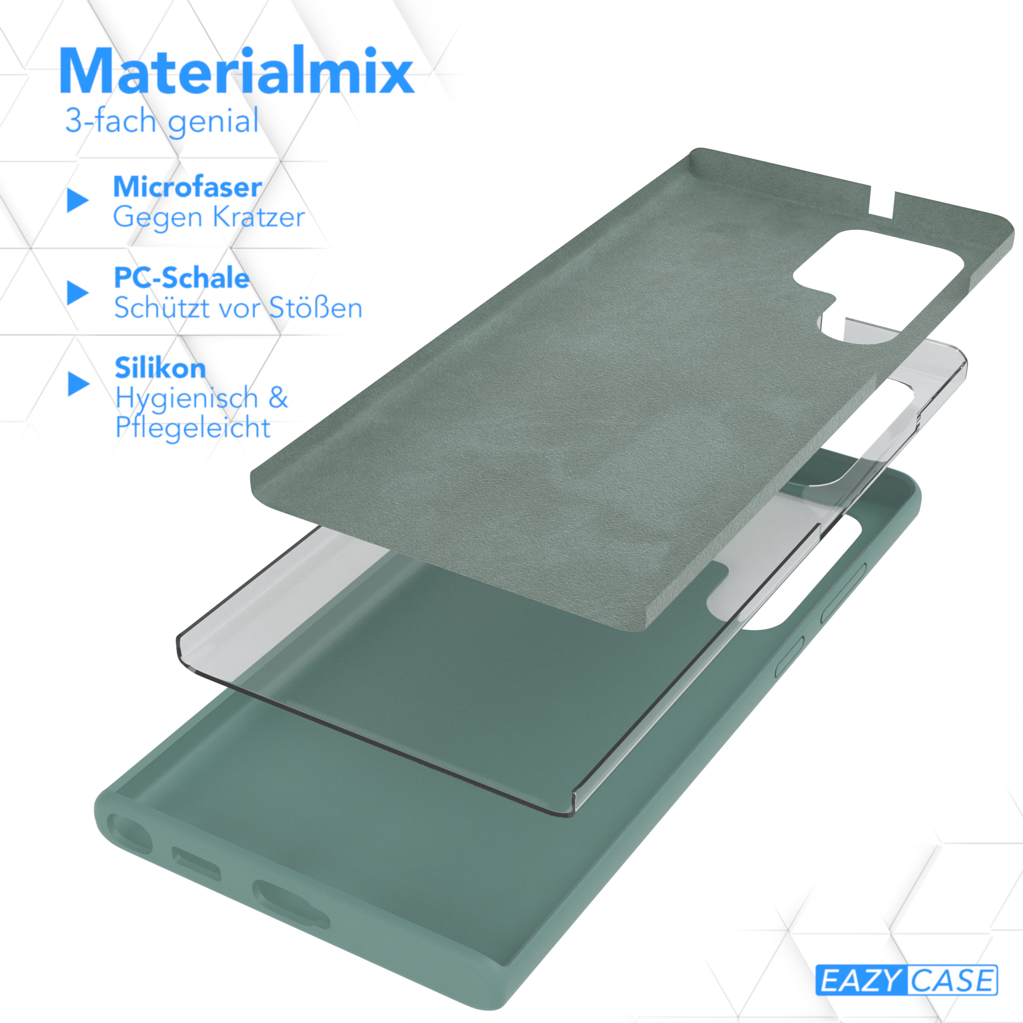 Diagramm eines Handy-Cases mit Schichten. Textetiketten weisen auf Materialien hin: Mikrofaser, PC-Schale und Silikon.