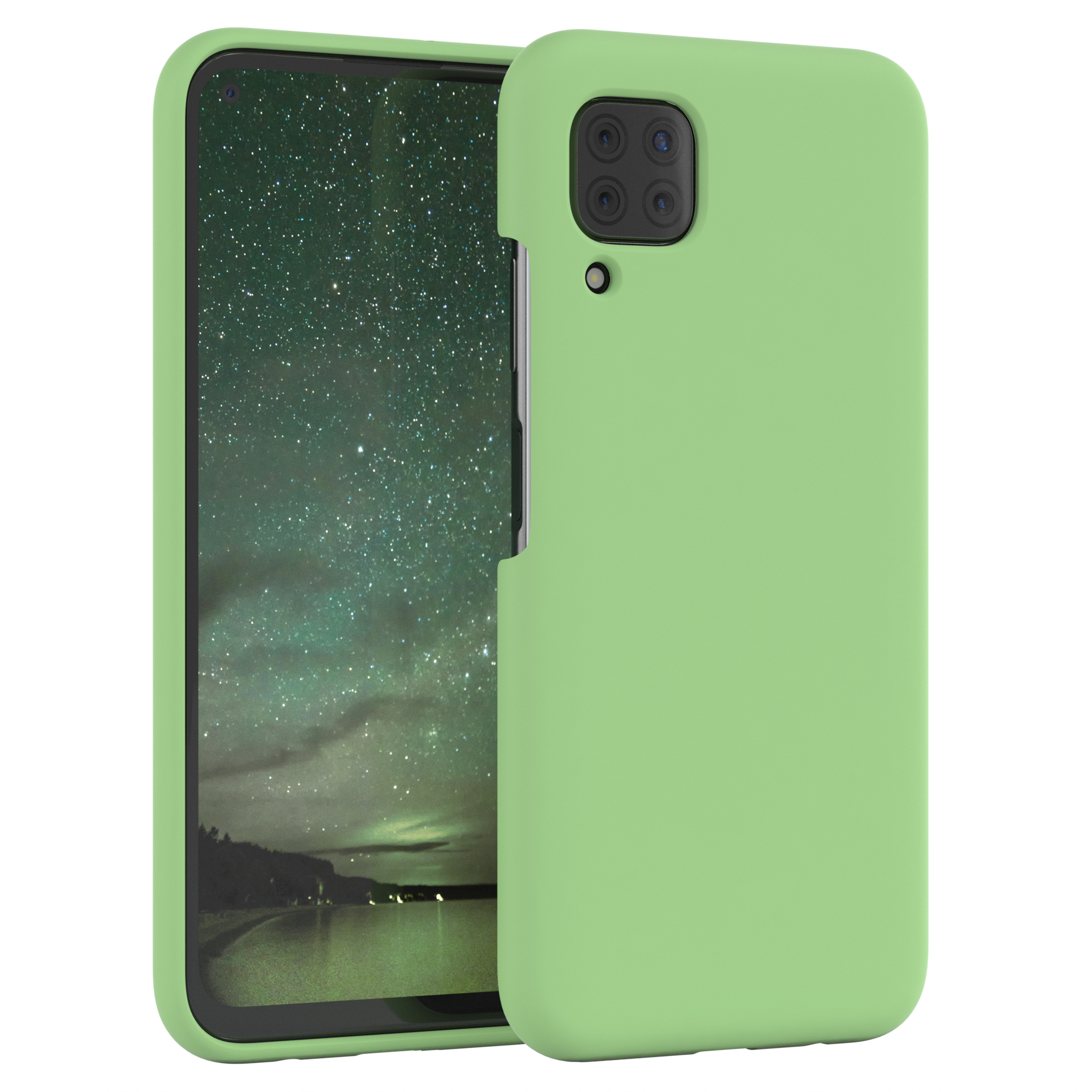 Grüne Handyhülle mit Telefon. Ein Sternenhimmel ist auf dem Bildschirm des Telefons zu sehen.