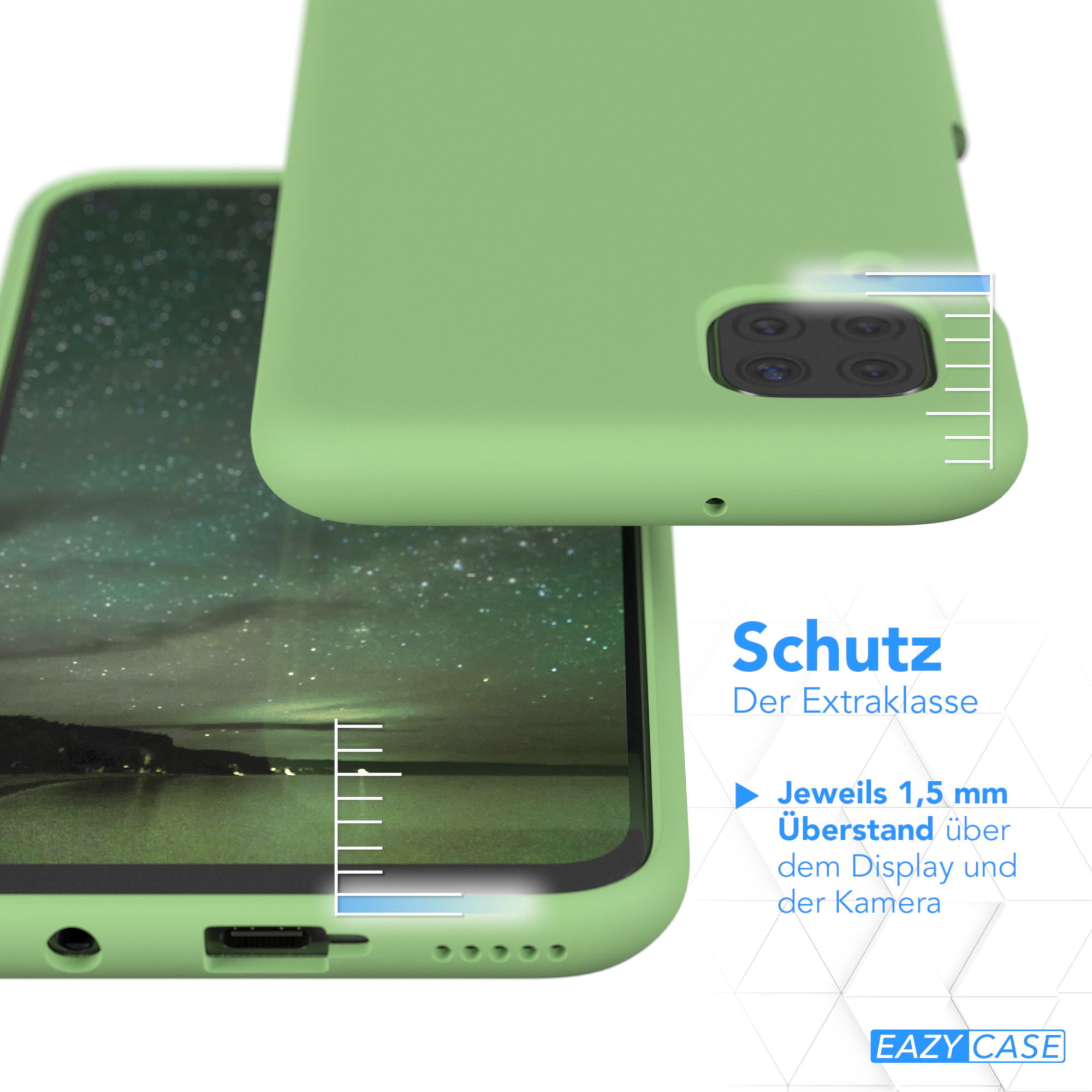 Nahaufnahme einer grünen Handyhülle. Zeigt Kamera und Display mit Schutzrand.