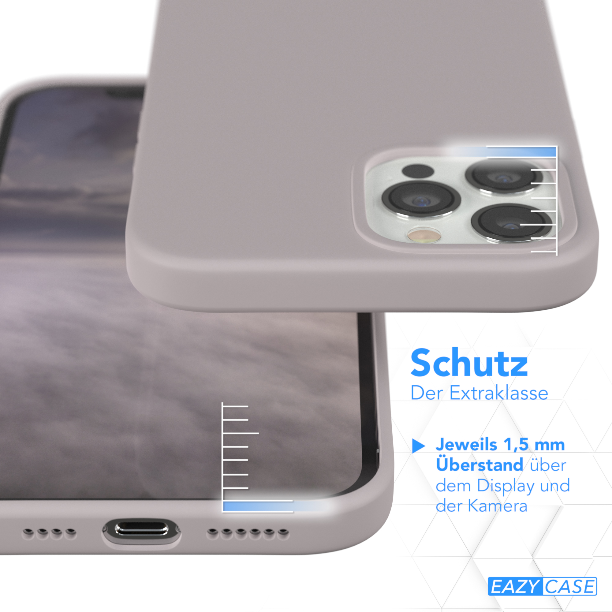 Eine Handyhülle. Die Hülle überlappt das Telefon. Graue Farbe.