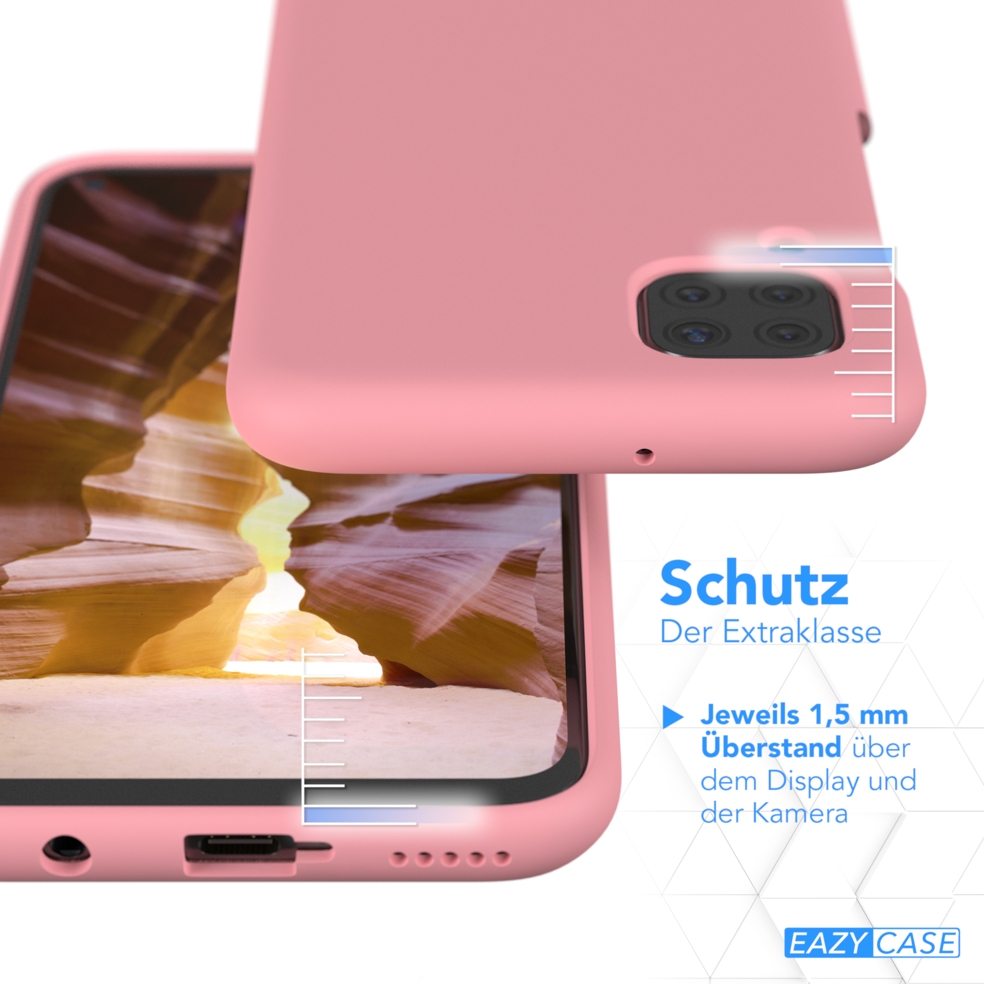 Rosa Handyhülle mit Telefon darin. Die Hülle schützt Kamera und Display. Eazy Case Logo sichtbar.