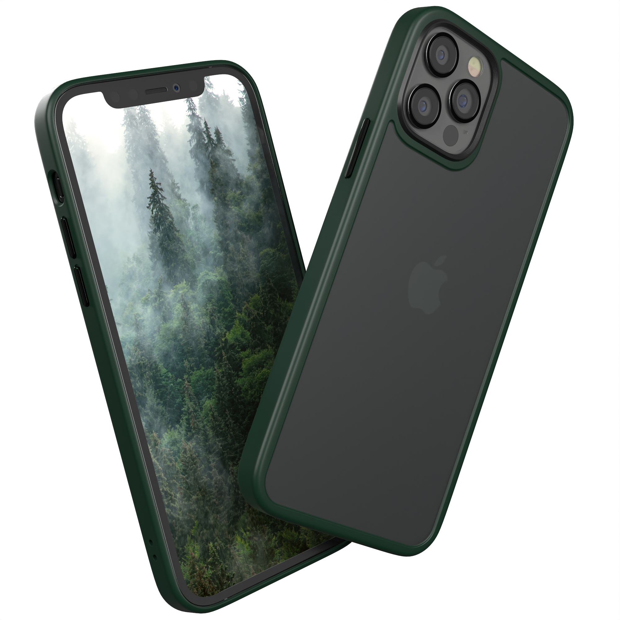 Zwei Telefone mit Hüllen. Eines zeigt einen Wald, das andere Kameralinsen. Beide haben einen grünen Rand.