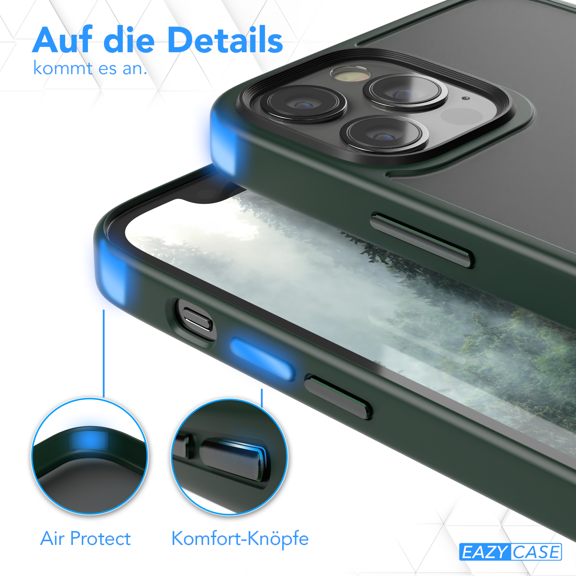 Nahaufnahme einer Handyhülle mit grünen Akzenten, die die Ein-/Aus- und Lautstärketasten sowie den Luftschutz zeigt.