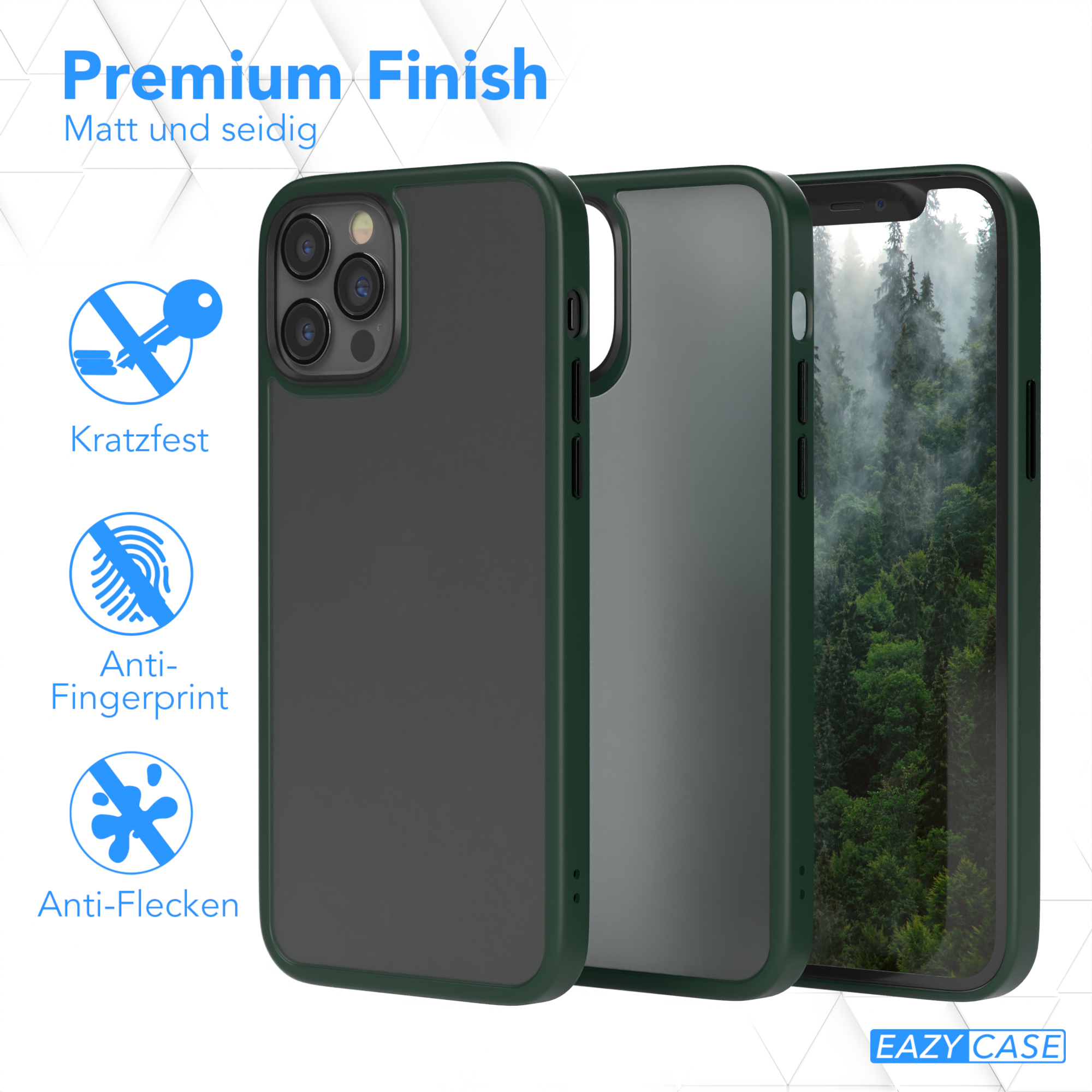 Drei Handyhüllen. In der Hülle links ist ein Telefon. Die anderen beiden Hüllen sind leer. Text: Premium-Finish.