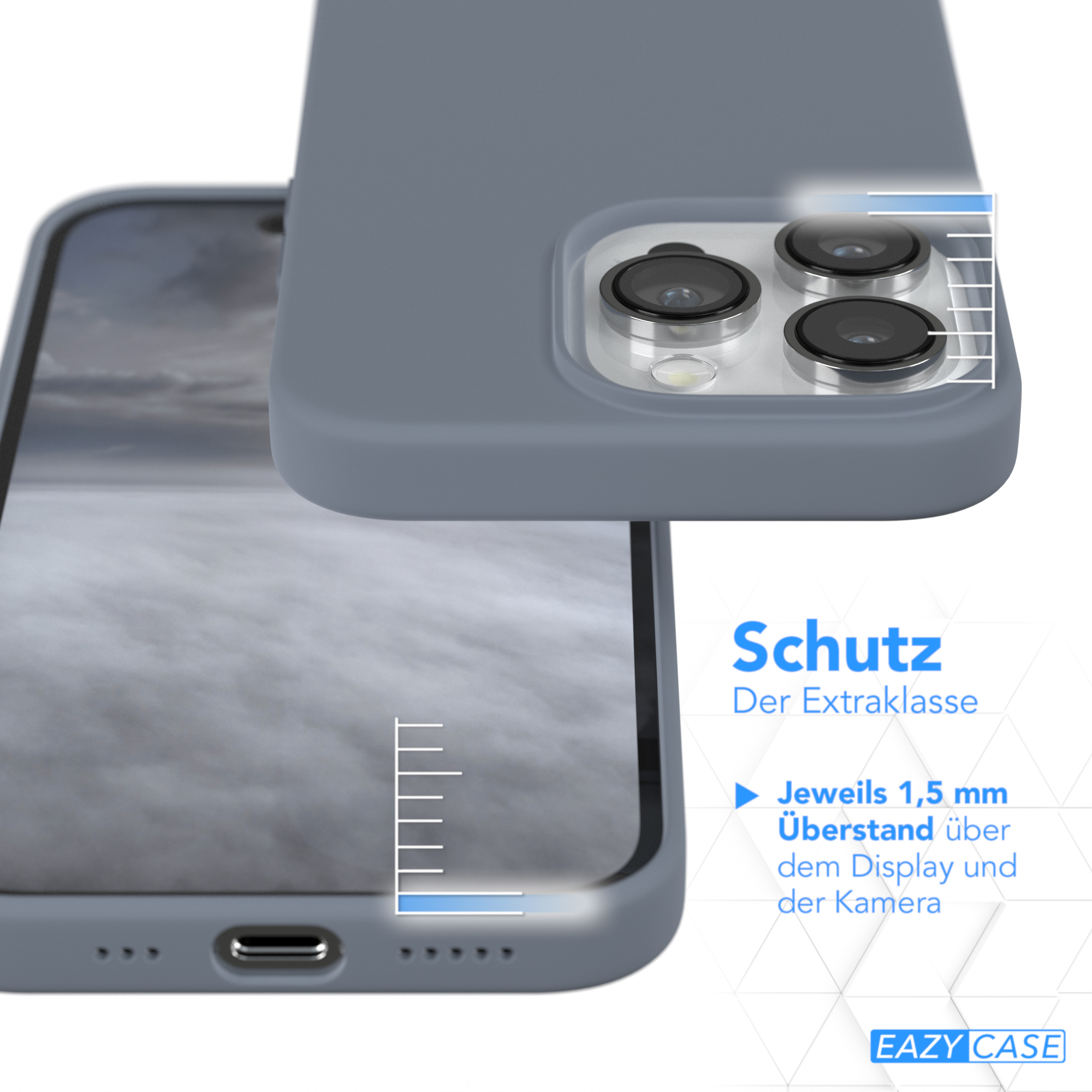 Nahaufnahme der Handyhülle. Text: 1,5 mm über Display und Kamera. Text: Schutz.