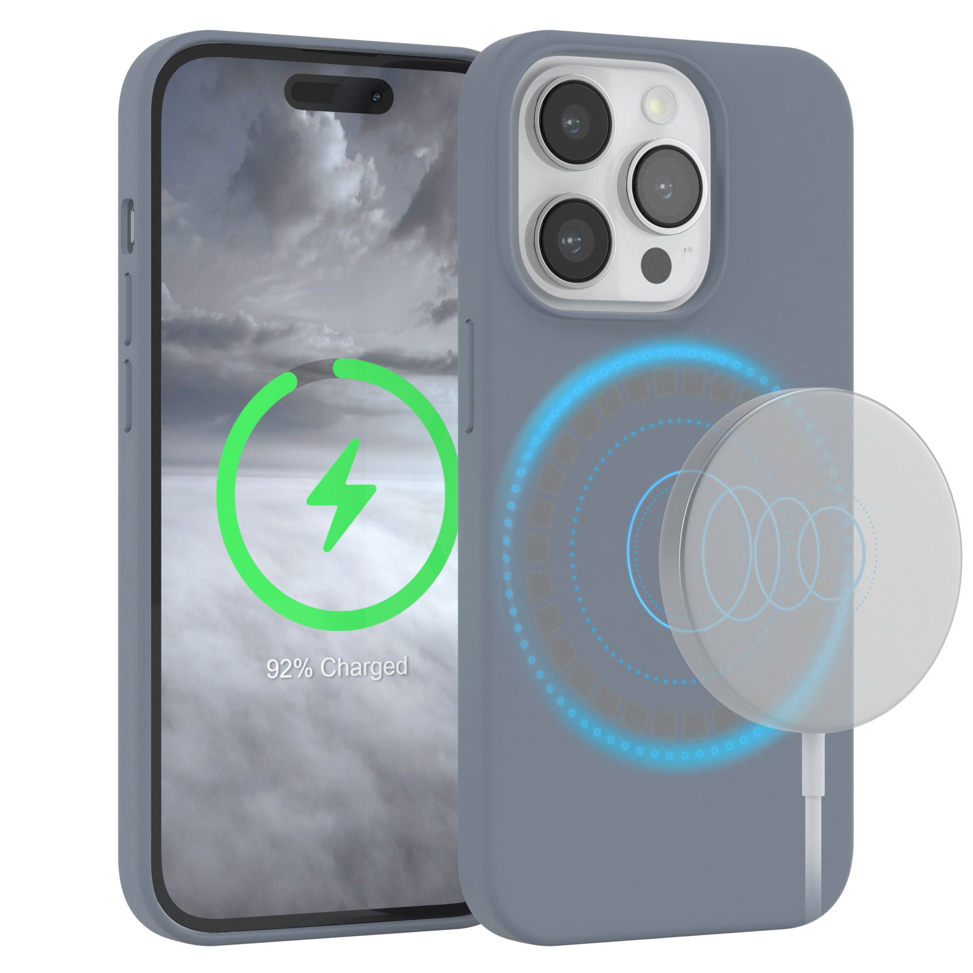 Graue Handyhülle und ein Telefon. Das Telefon zeigt Ladesymbol.