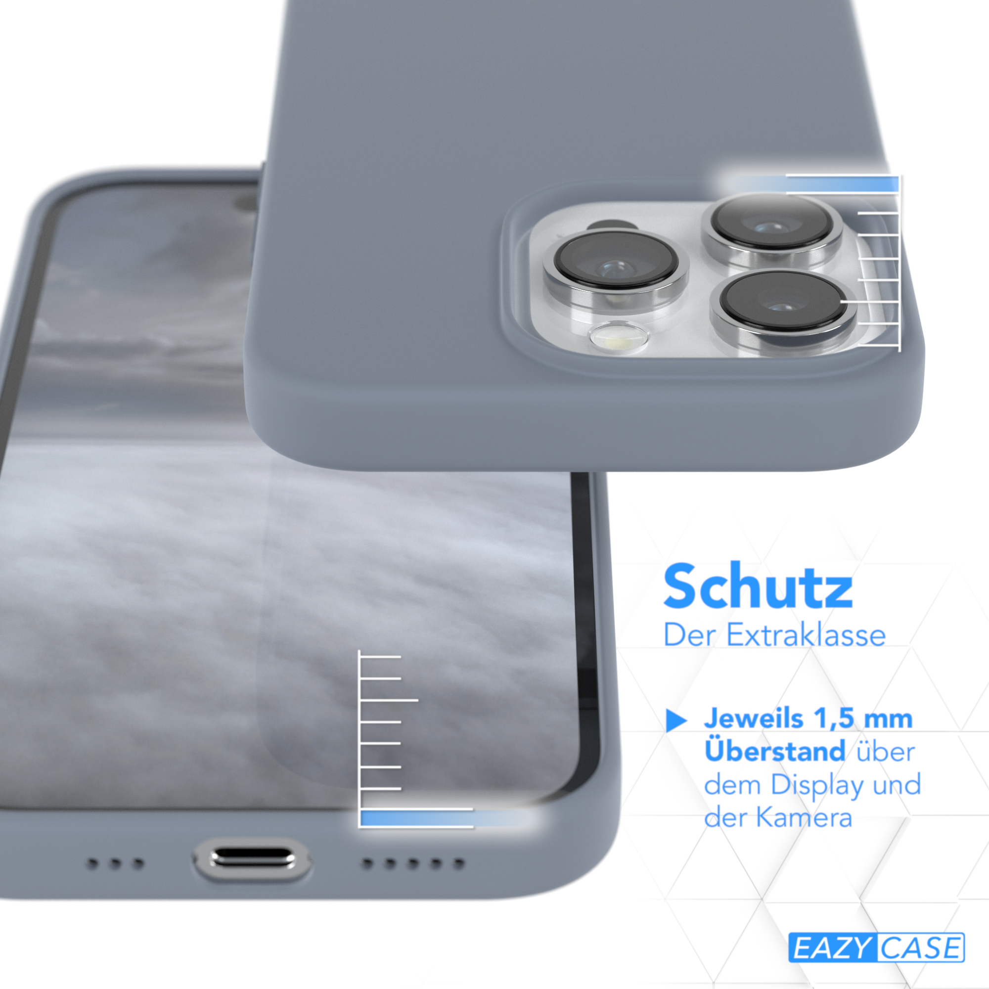 Handyhülle auf einem Telefon. Text: Schutz der Extraklasse, 1,5 mm über dem Display und der Kamera.