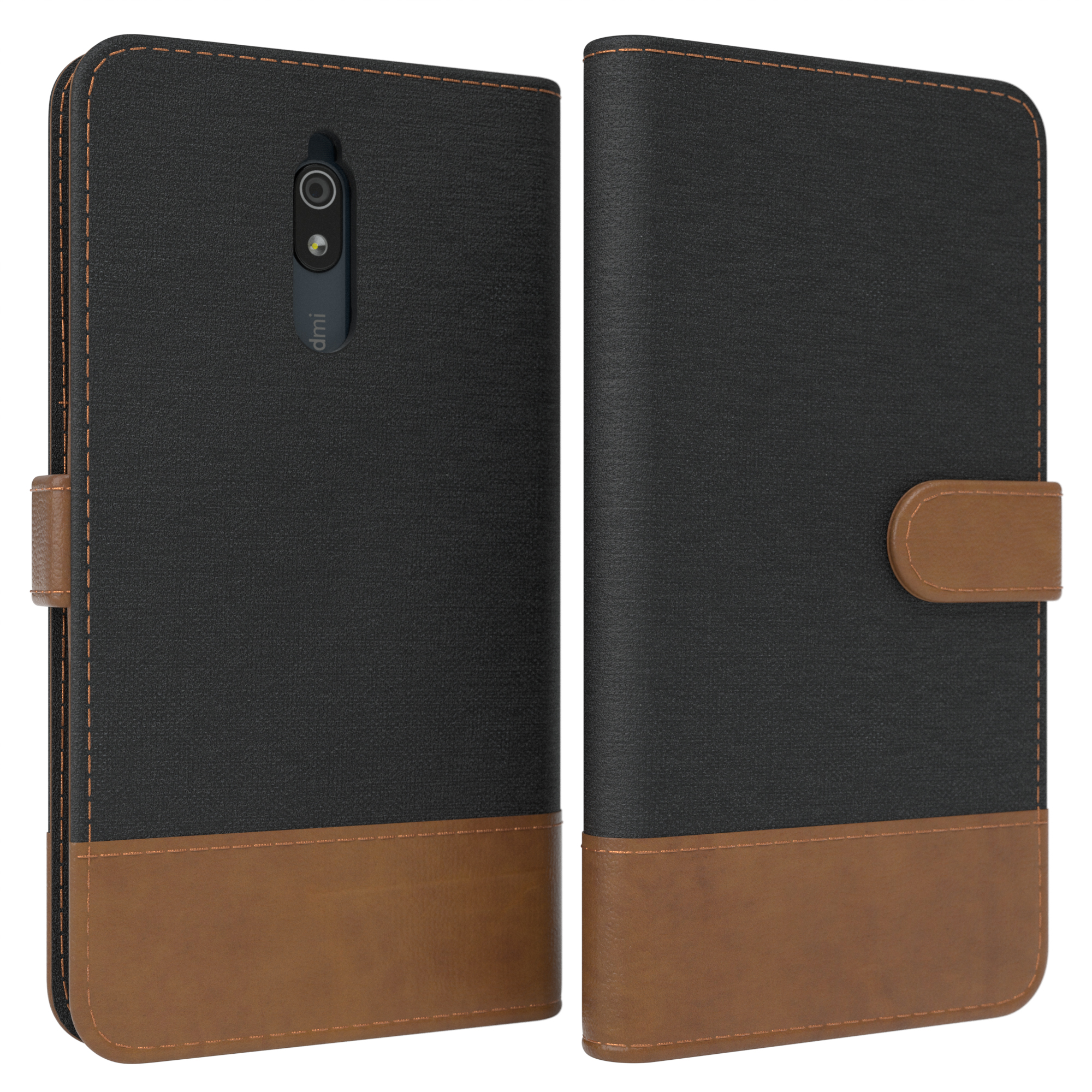 Schwarz-braune Handyhülle mit einem Telefon, das ein schwarzes Telefon zeigt.