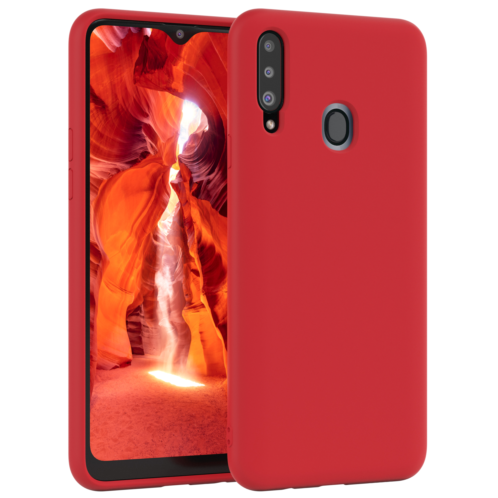 Rotes Telefon mit Hülle, das eine orangefarbene Schluchtszene zeigt. Die Hülle ist rot.