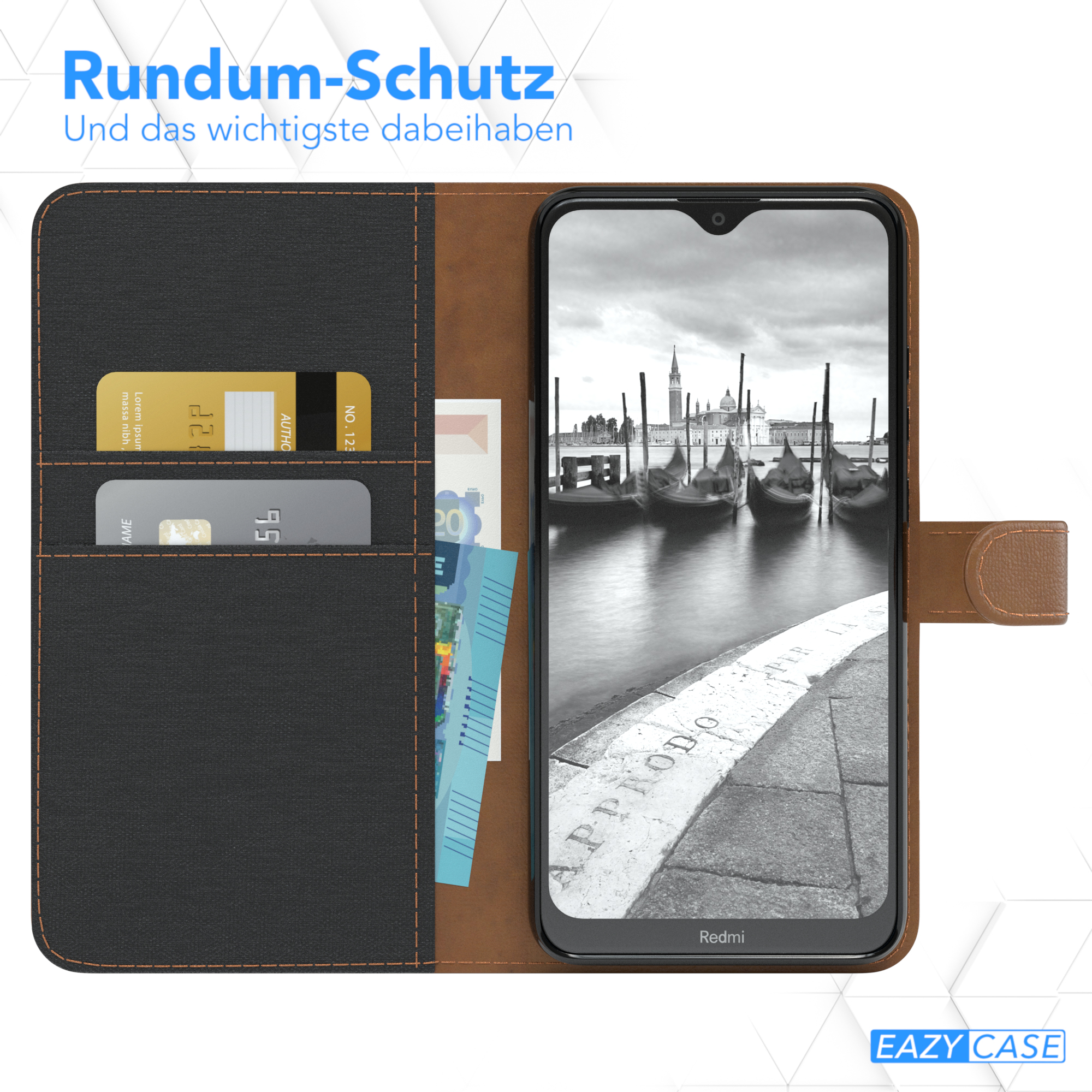 Telefonhülle offen mit Geldbörse und Telefon. Venedig-Kanal-Bild auf dem Telefon. Braunleder und schwarzer Stoff.