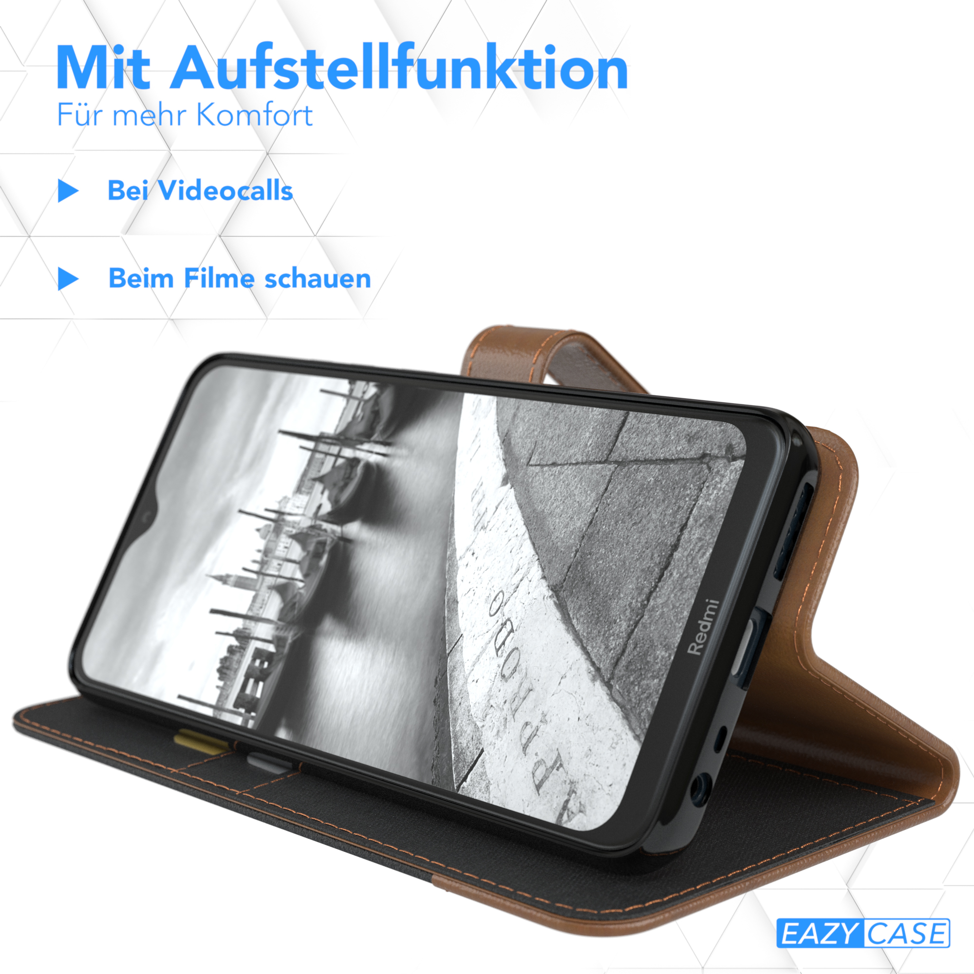 Ein Telefon in einer braunen Brieftaschenhülle, das aufrecht steht, um den Bildschirm mit einem Stadtbild zu zeigen.