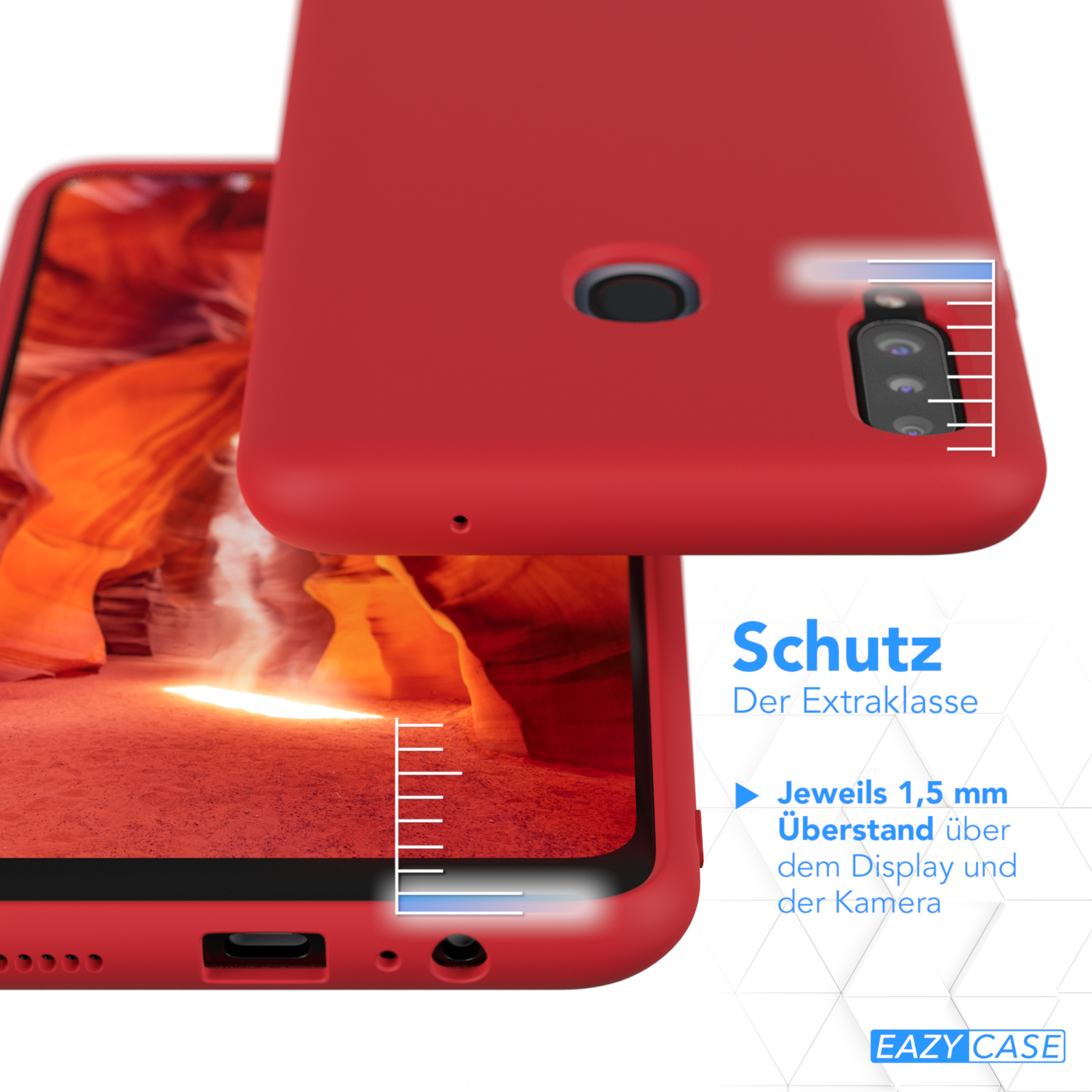 Rote Handyhülle über einem Telefon. Text: 'Schutz'. Hebt 1,5 mm Display- & Kameraschutz hervor.