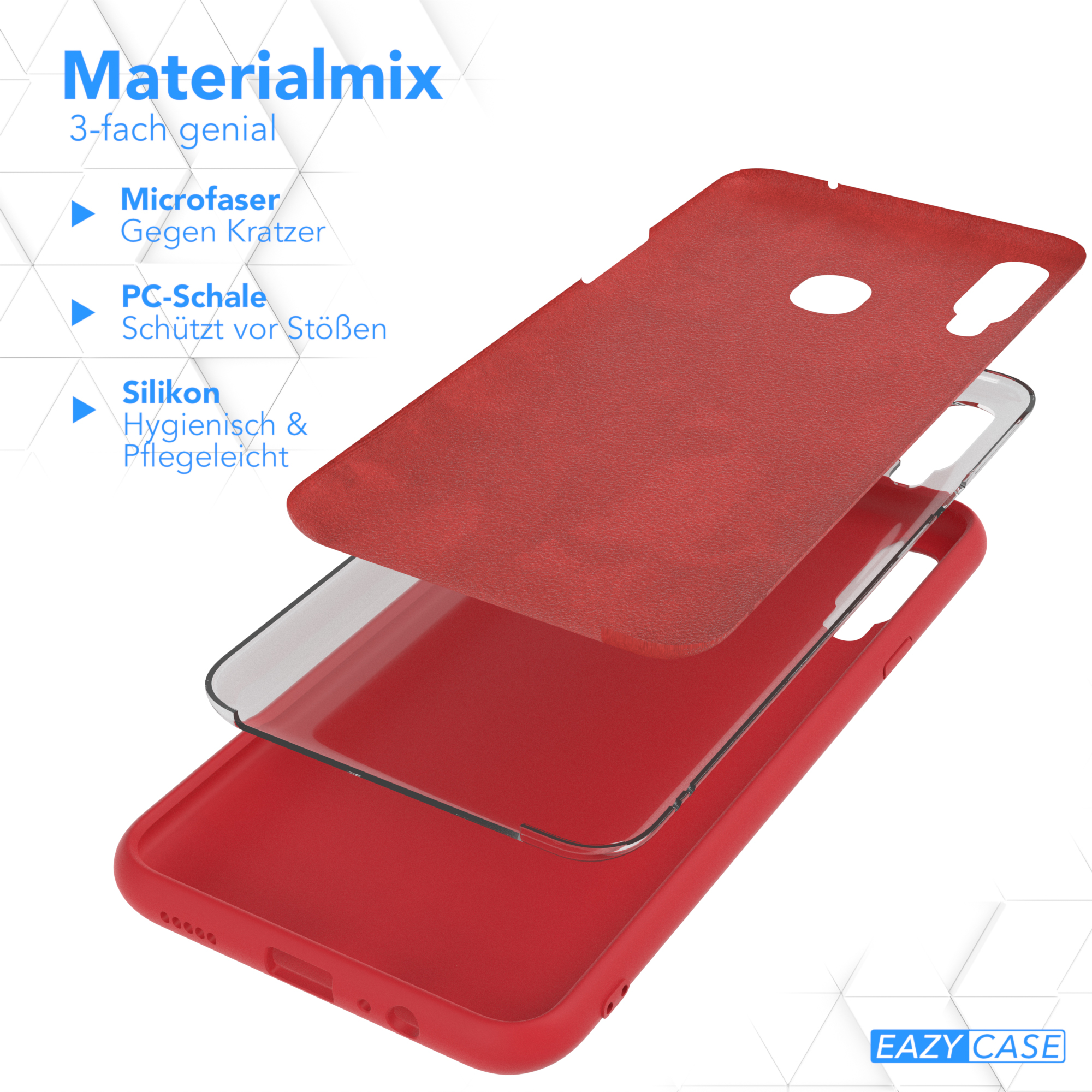 Rote Handyhüllen-Komponenten geschichtet. Mikrofaser, PC-Schale und Silikon. Text: Materialmix.