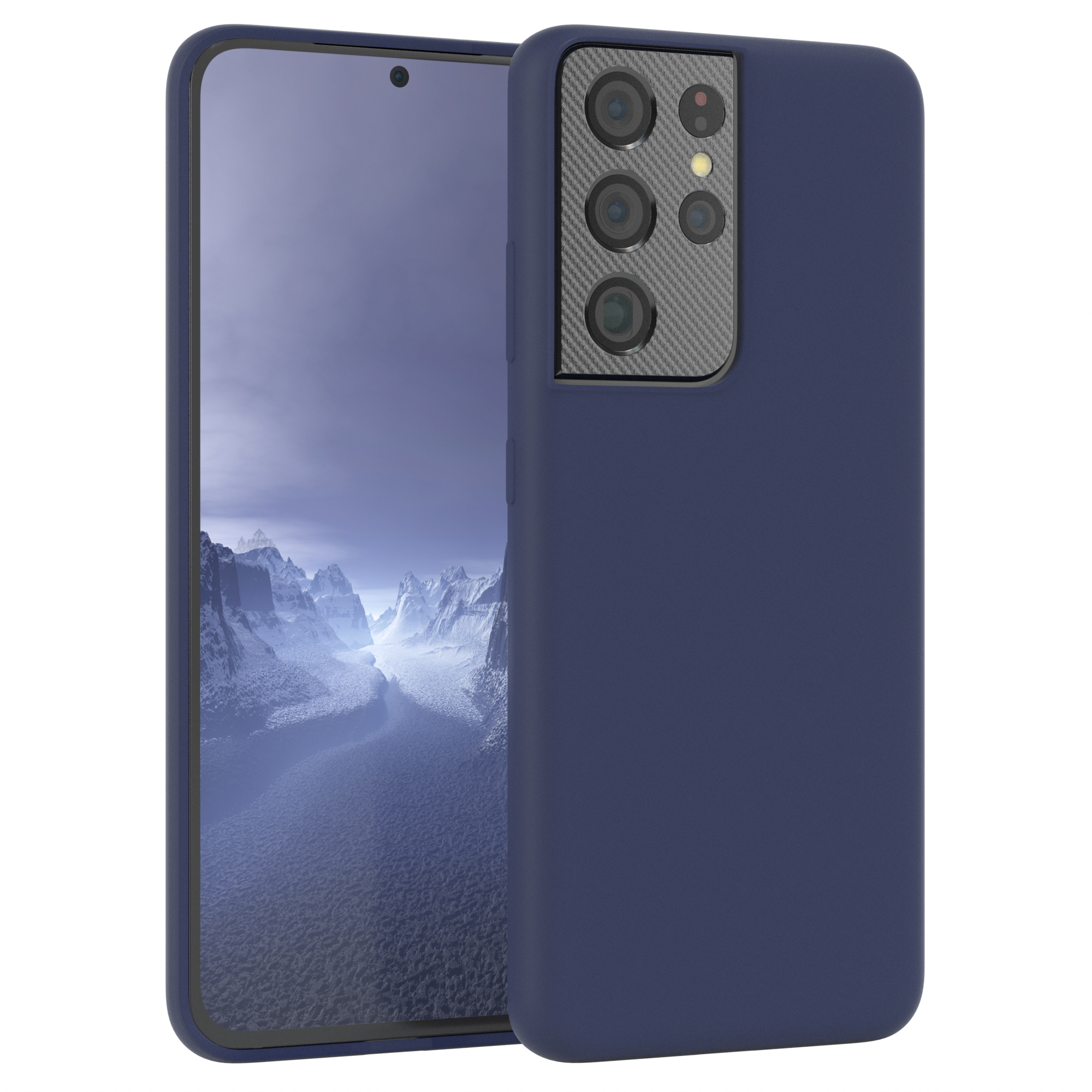 Eine marineblaue Handyhülle mit marineblauem Hintergrund, die ein Telefon hält.