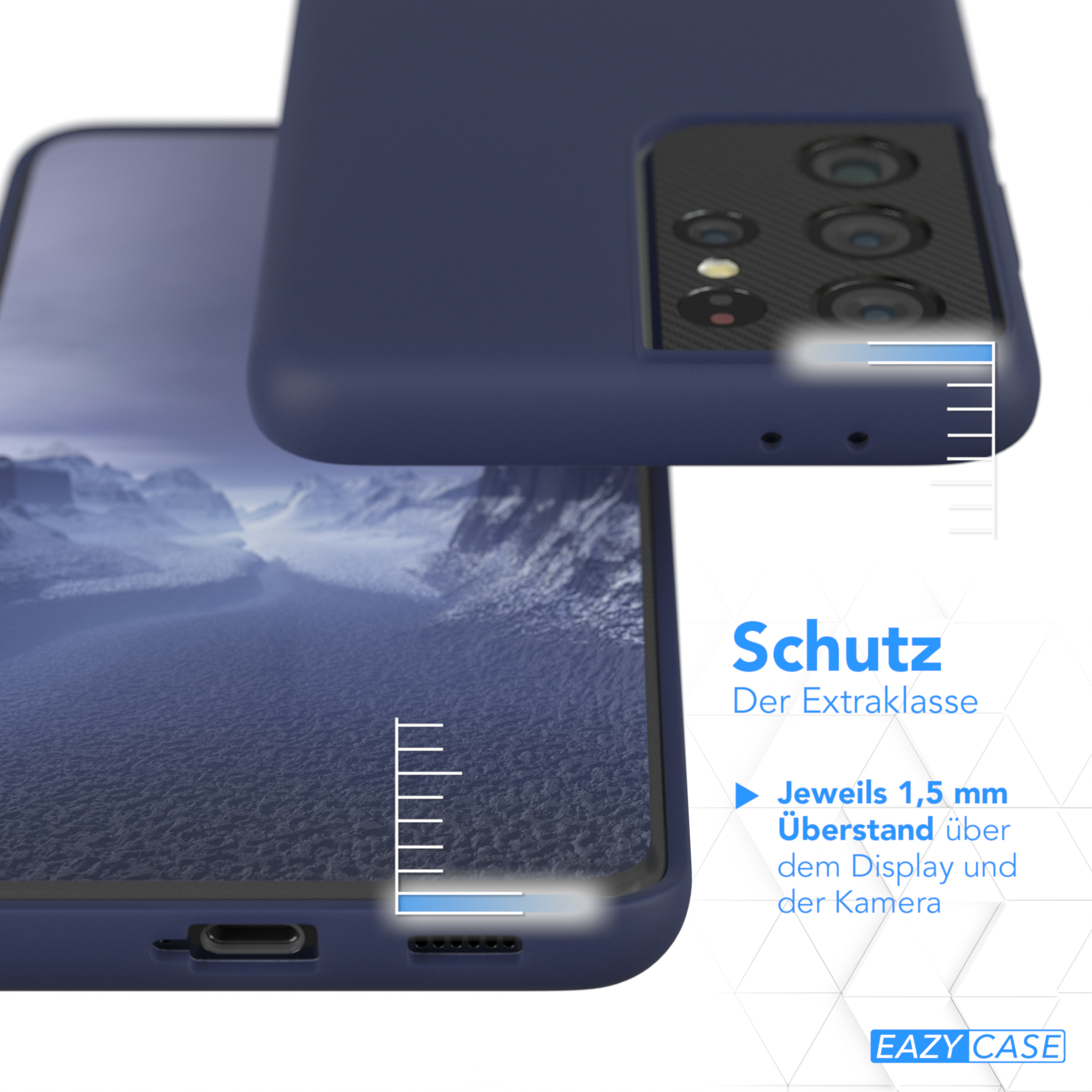 Blaue Handyhülle mit Details zum Displayschutz.