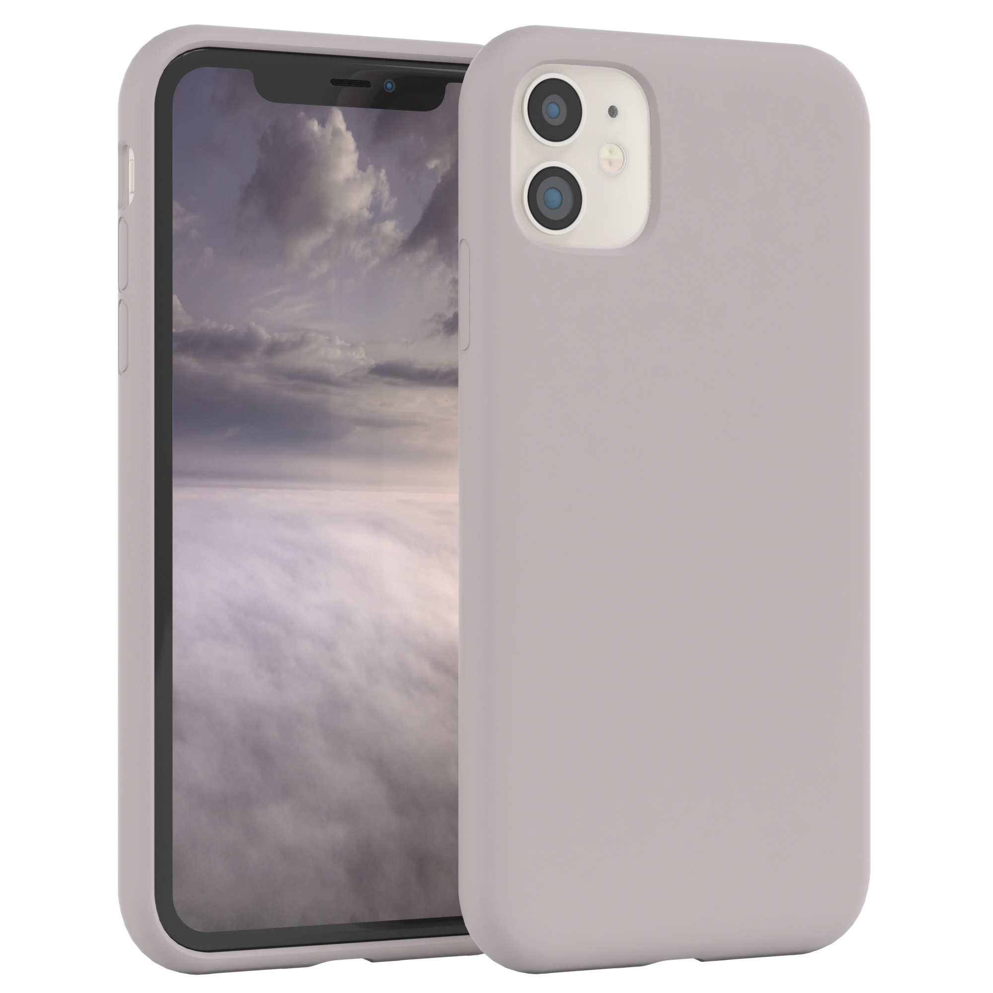 Graue Handyhülle mit Telefon, das einen bewölkten Himmel zeigt. Weißer Hintergrund.