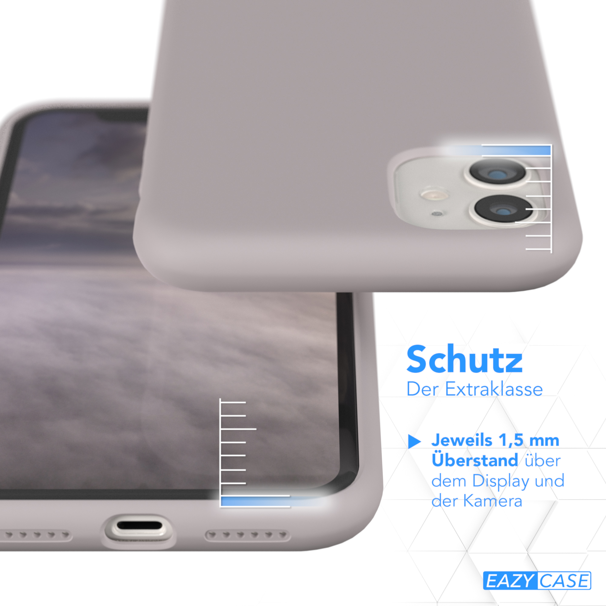 Nahaufnahme einer Handyhülle. Text: Schutz der Extraklasse. Zeigt 1,5 mm Display- und Kamerarand.