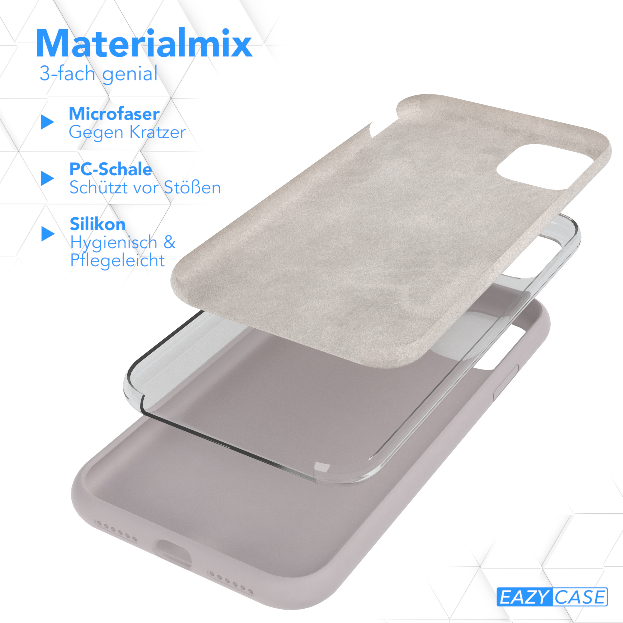 Diagramm einer Handyhülle mit drei Schichten: Mikrofaser, PC-Schale und Silikon.
