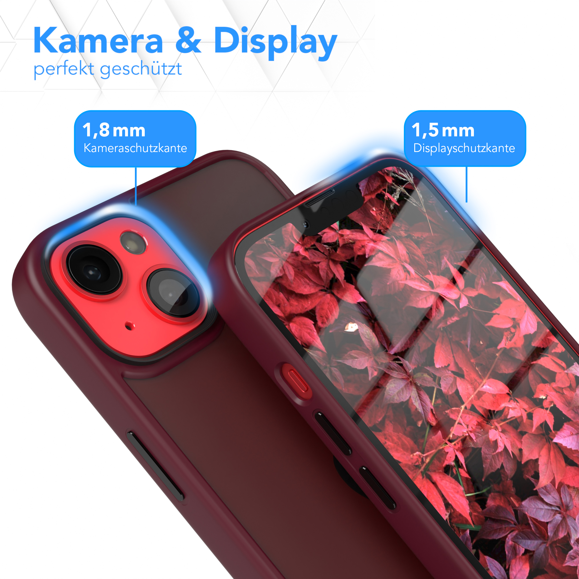 Nahaufnahme von zwei Handyhüllen, eine rot, mit Details zum Kamera- und Displayschutz.
