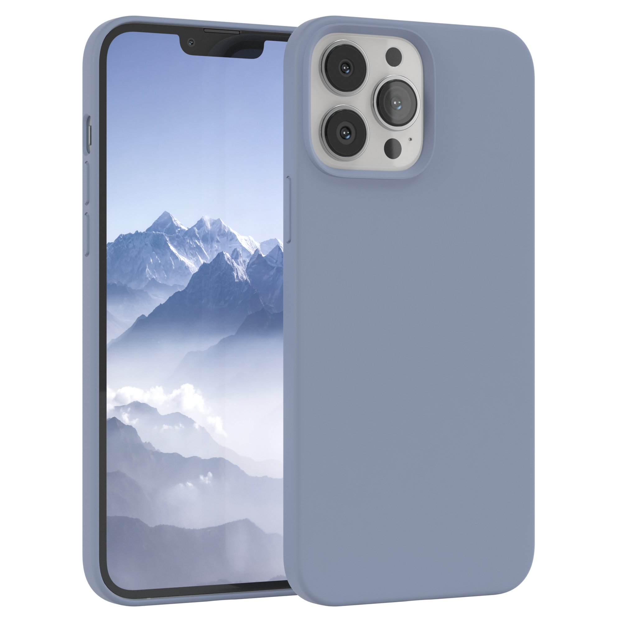 Blaue Handyhülle mit einem Telefon, das eine Berglandschaft zeigt.