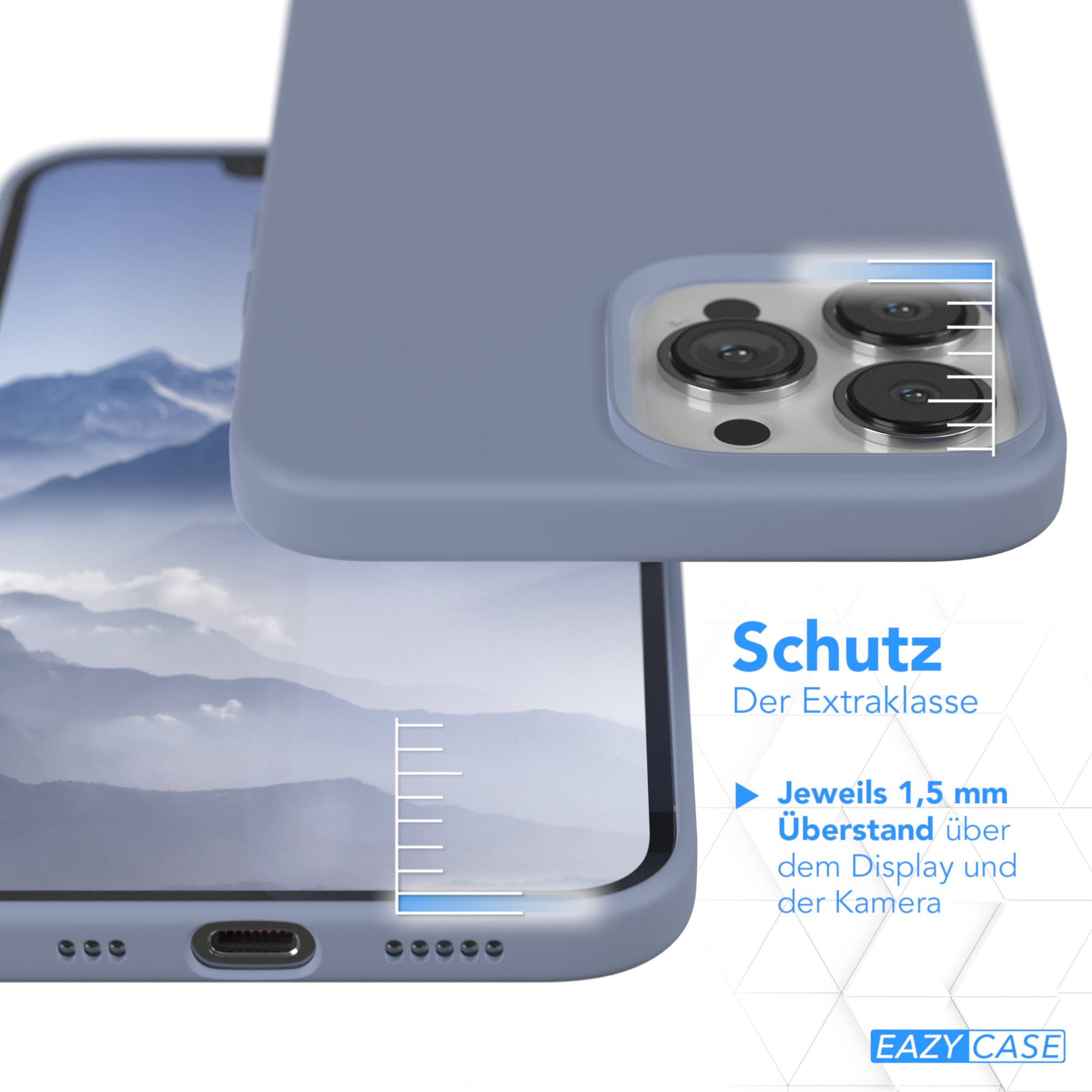 Ein Telefon mit blauem Gehäuse, das die Kamera und die Rückseite zeigt. Der Text besagt 1,5 mm über Display/Kamera.