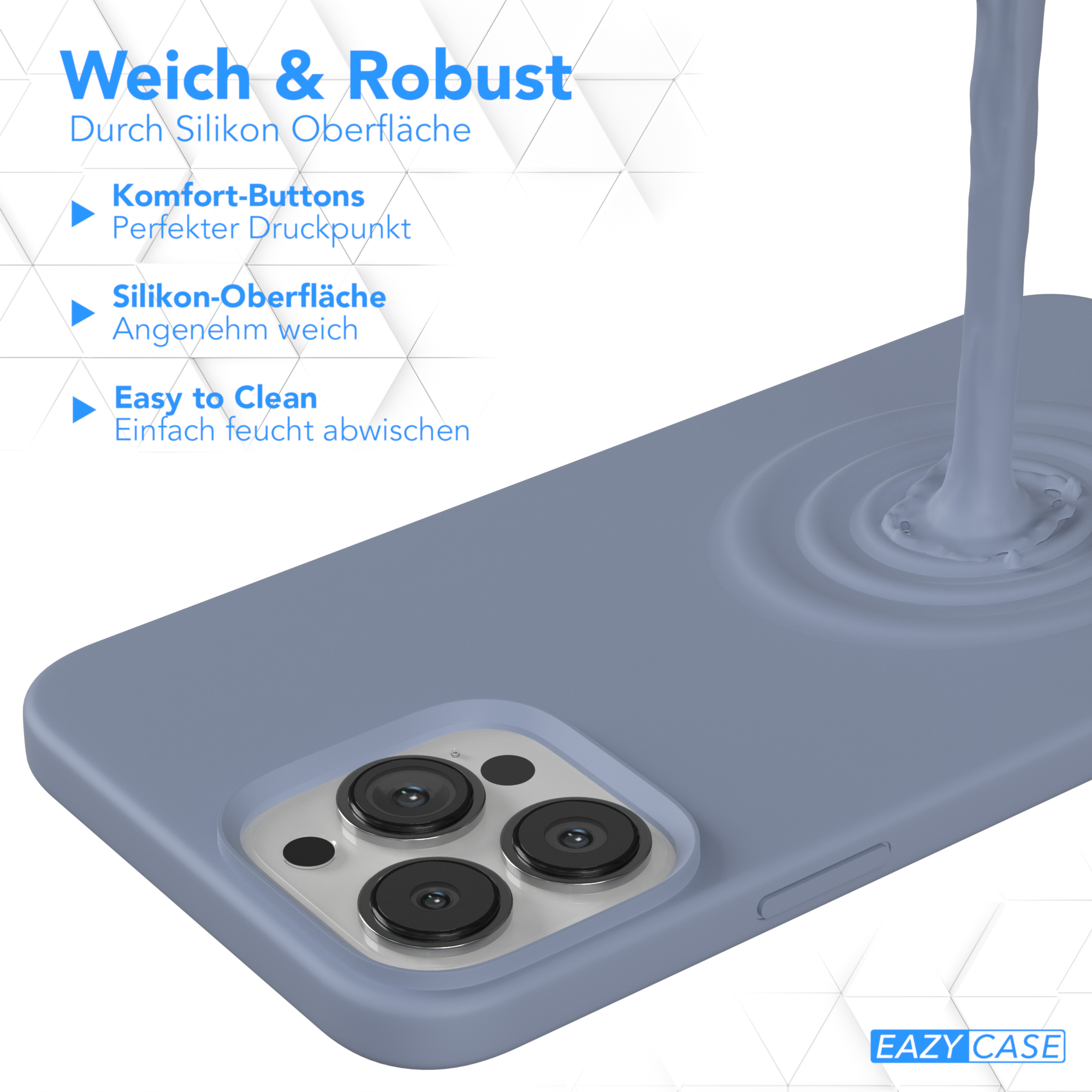 Eine Handyhülle mit blauer Flüssigkeit, die darüber gegossen wird. Text zeigt 'Weich & Robust' und 'Easy to Clean'.