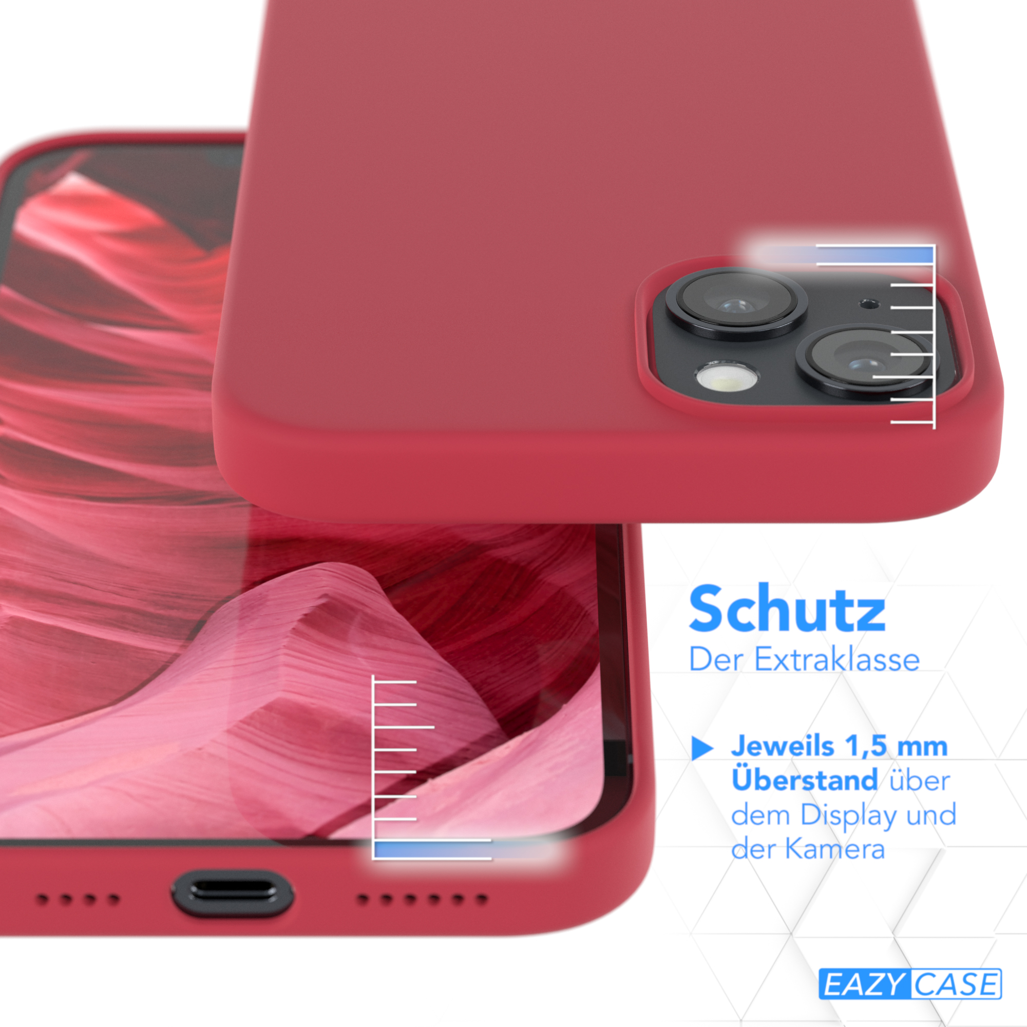 Rote Handyhülle, mit Text und weißem Lineal. Eazy Case Logo unten.