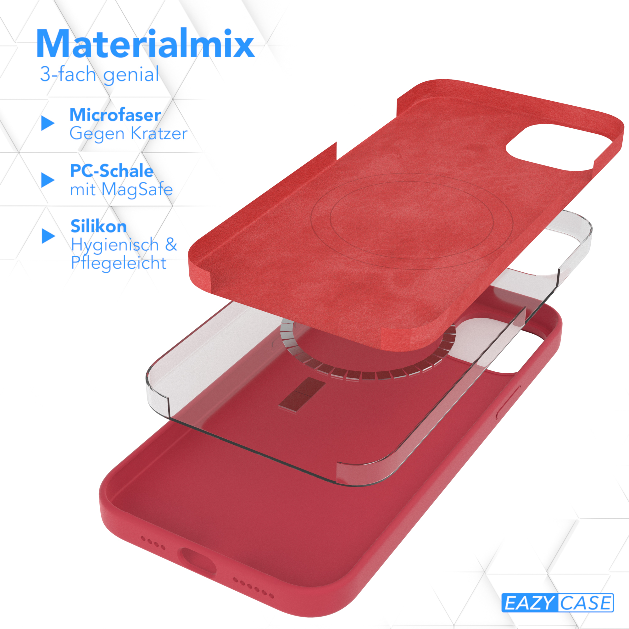 Rote Handyhülle mit drei Schichten: Mikrofaser, PC-Schale mit MagSafe und Silikon. Text: Materialmix.