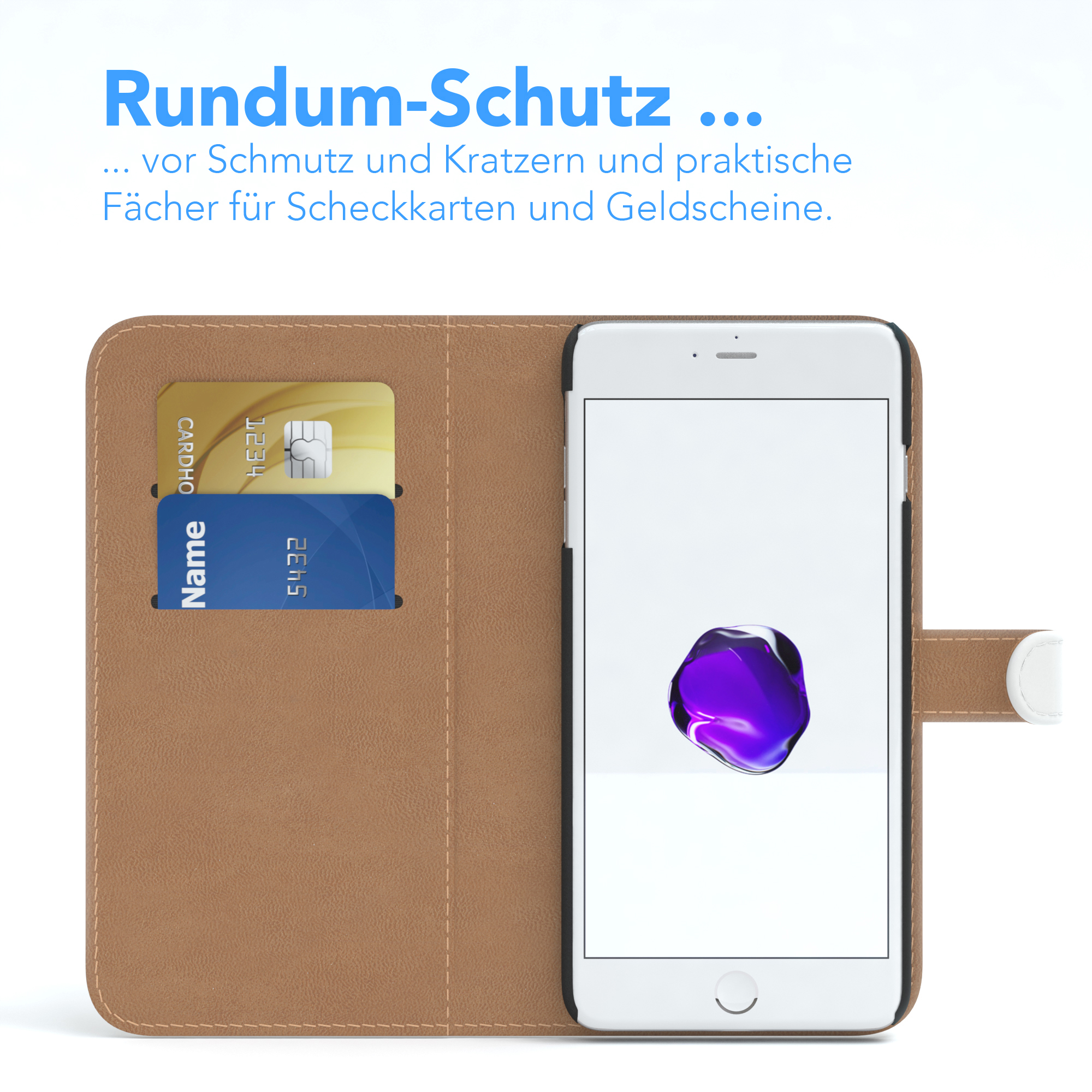 Ein Telefon in einer braunen Brieftaschenhülle. Zwei Karten sind sichtbar, eine goldene und eine blaue Karte.