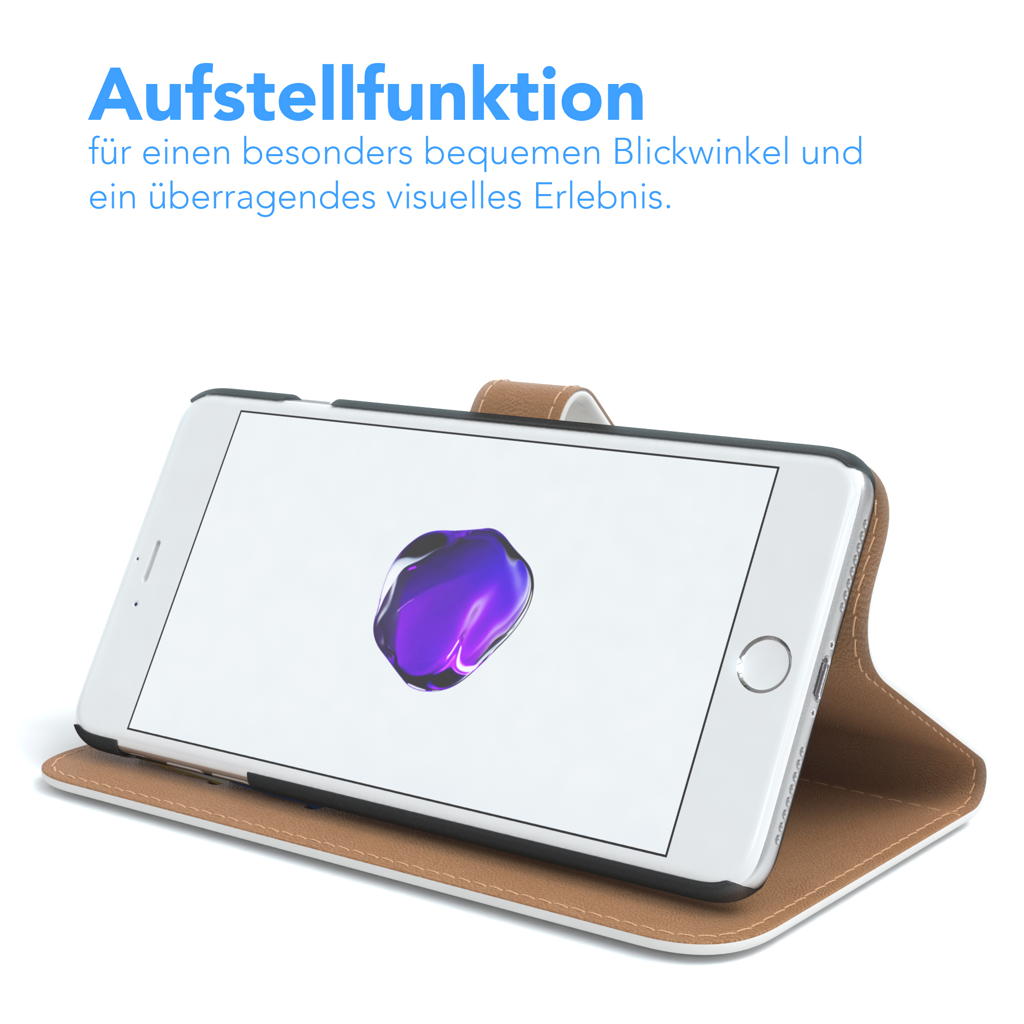 Ein weißes Telefon wird offen in einer braunen Hülle angezeigt, das ein lila Bild auf dem Bildschirm zeigt.