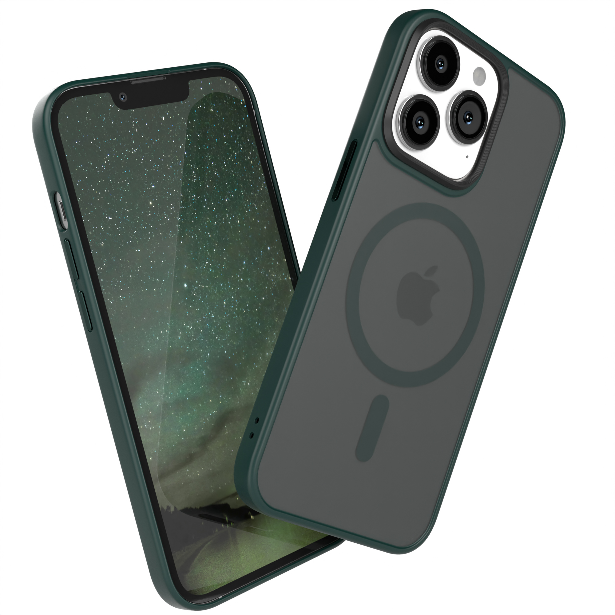 Zwei Telefone mit grünen Hüllen. Eines zeigt eine Galaxie, das andere hat eine Kamera.