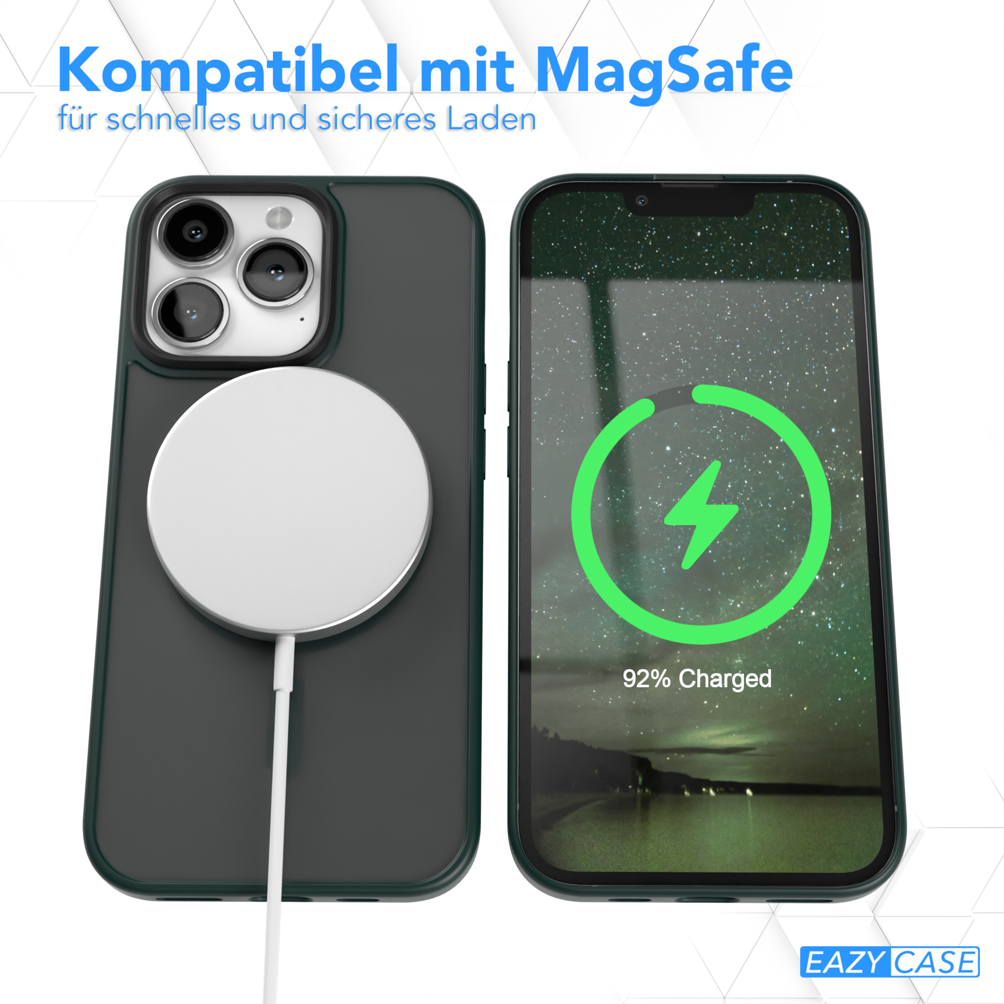 Telefon mit kabellosem Ladegerät. Das Telefon lädt, grüner Blitz mit dem Text '92 % geladen'.