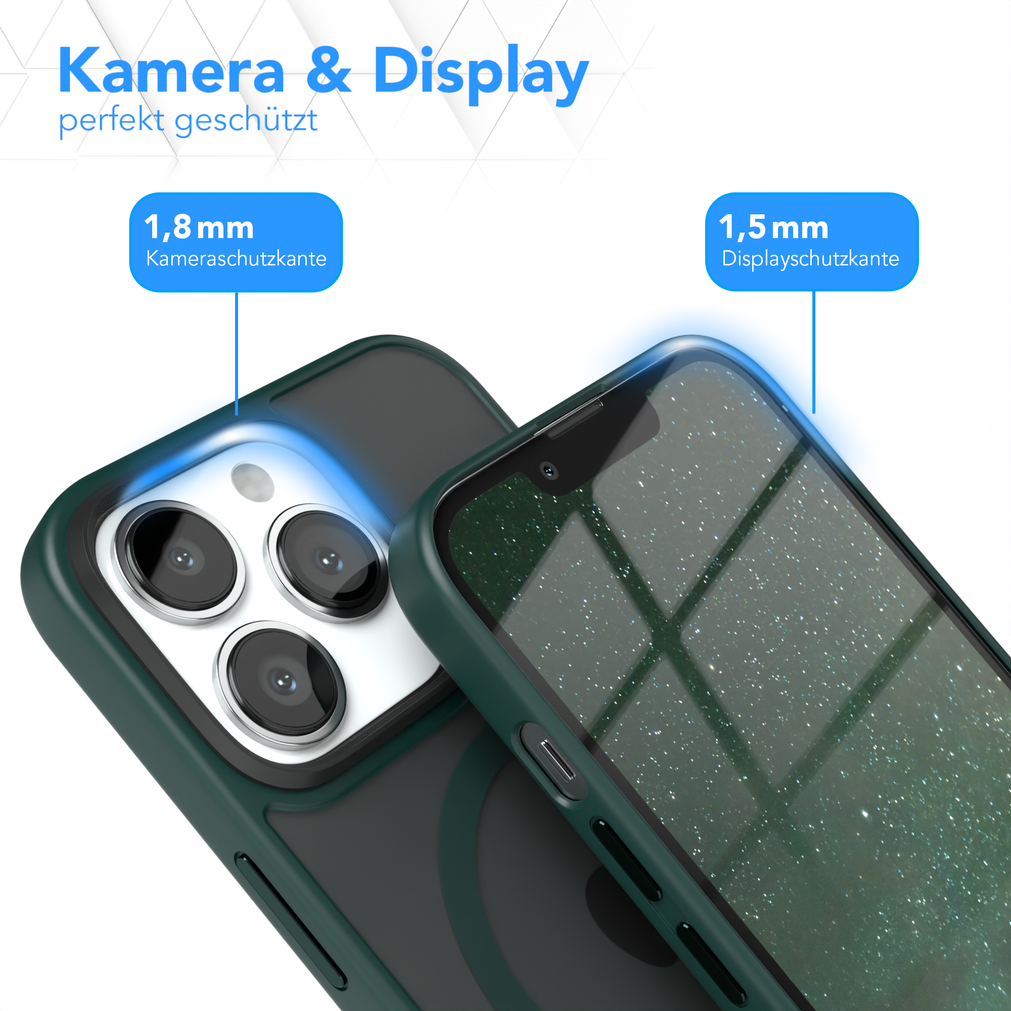 Handyhülle schützt Kamera und Display. 1,8 mm Kamera- und 1,5 mm Displayschutz.
