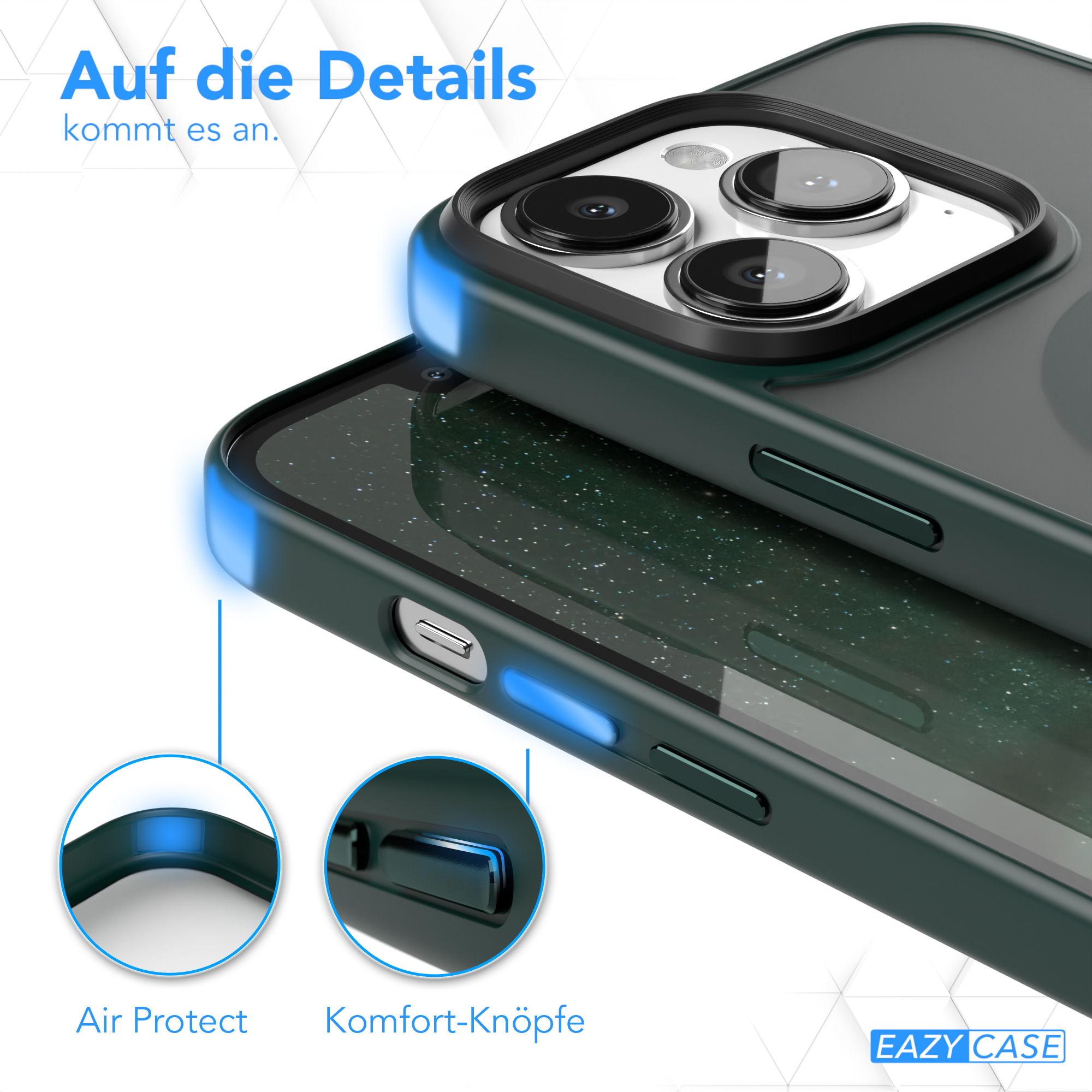 Nahaufnahme einer Handyhülle mit dem Text: Auf die Details kommt es an und Text: Air Protect und Komfort-Knöpfe.