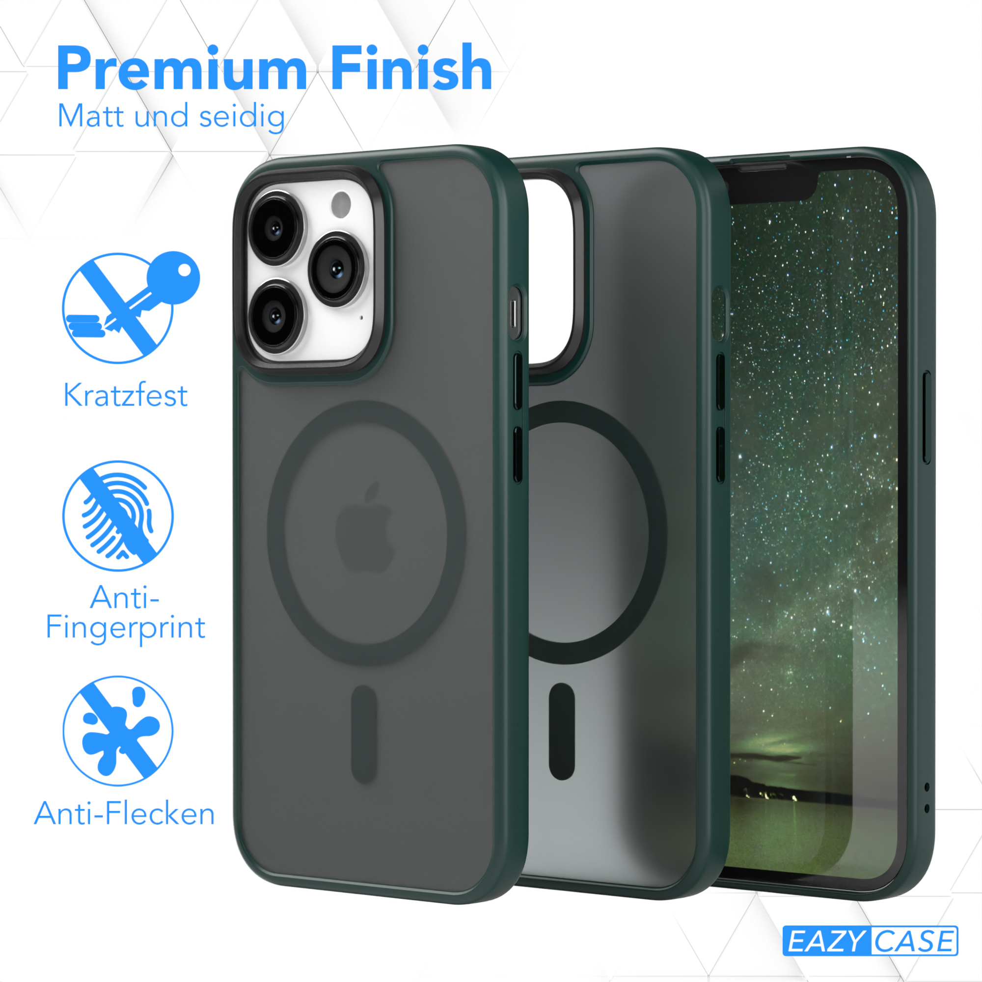 Drei dunkelgrüne Handyhüllen mit Funktionen wie kratzfest und Anti-Fingerprint. Eazy Case Logo.