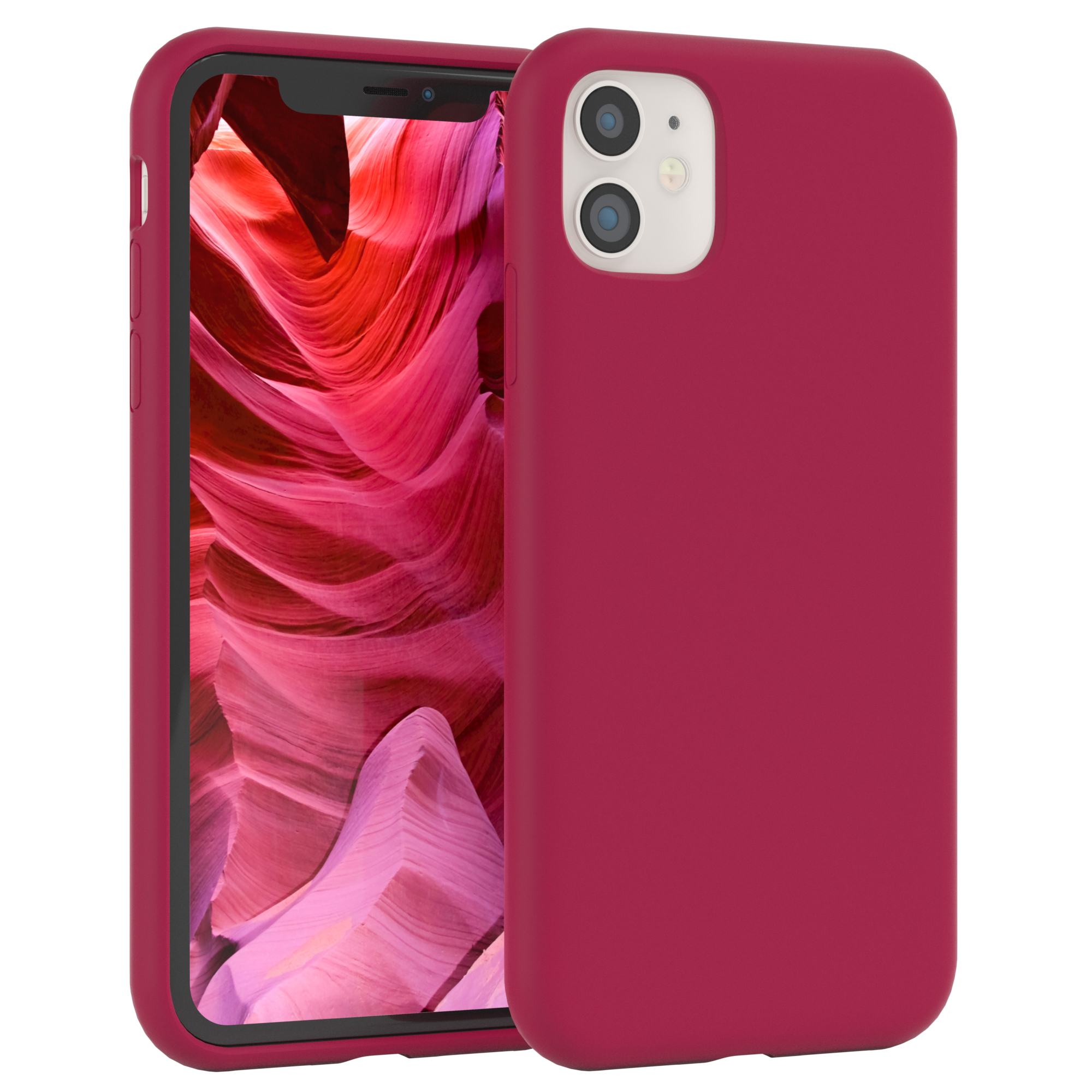 Rote Handyhülle mit einem Telefon. Das Telefon hat zwei Kameras.