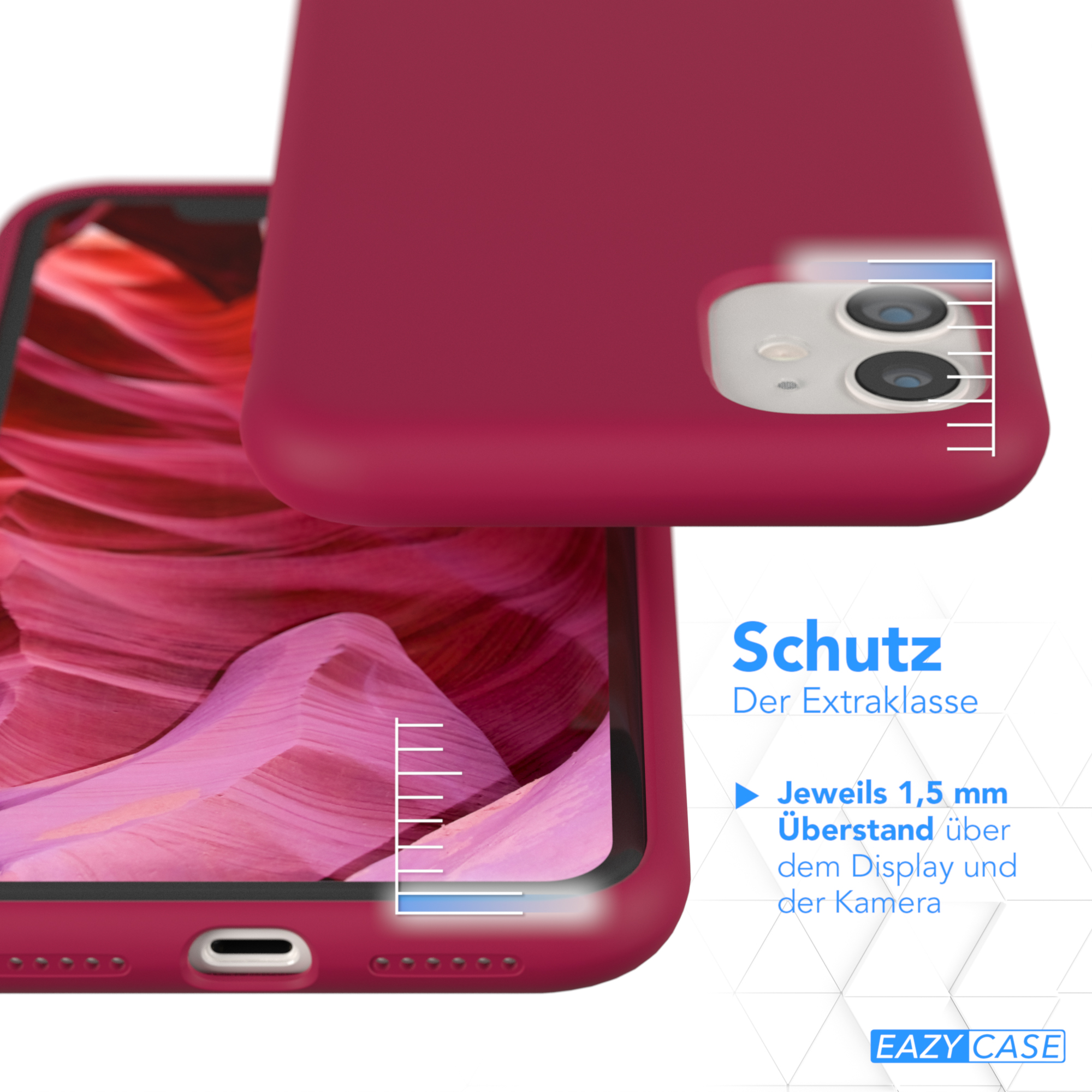 Nahaufnahme einer Handyhülle mit einem Handy darin. Die Hülle ist dunkelrot mit weißen Linien.