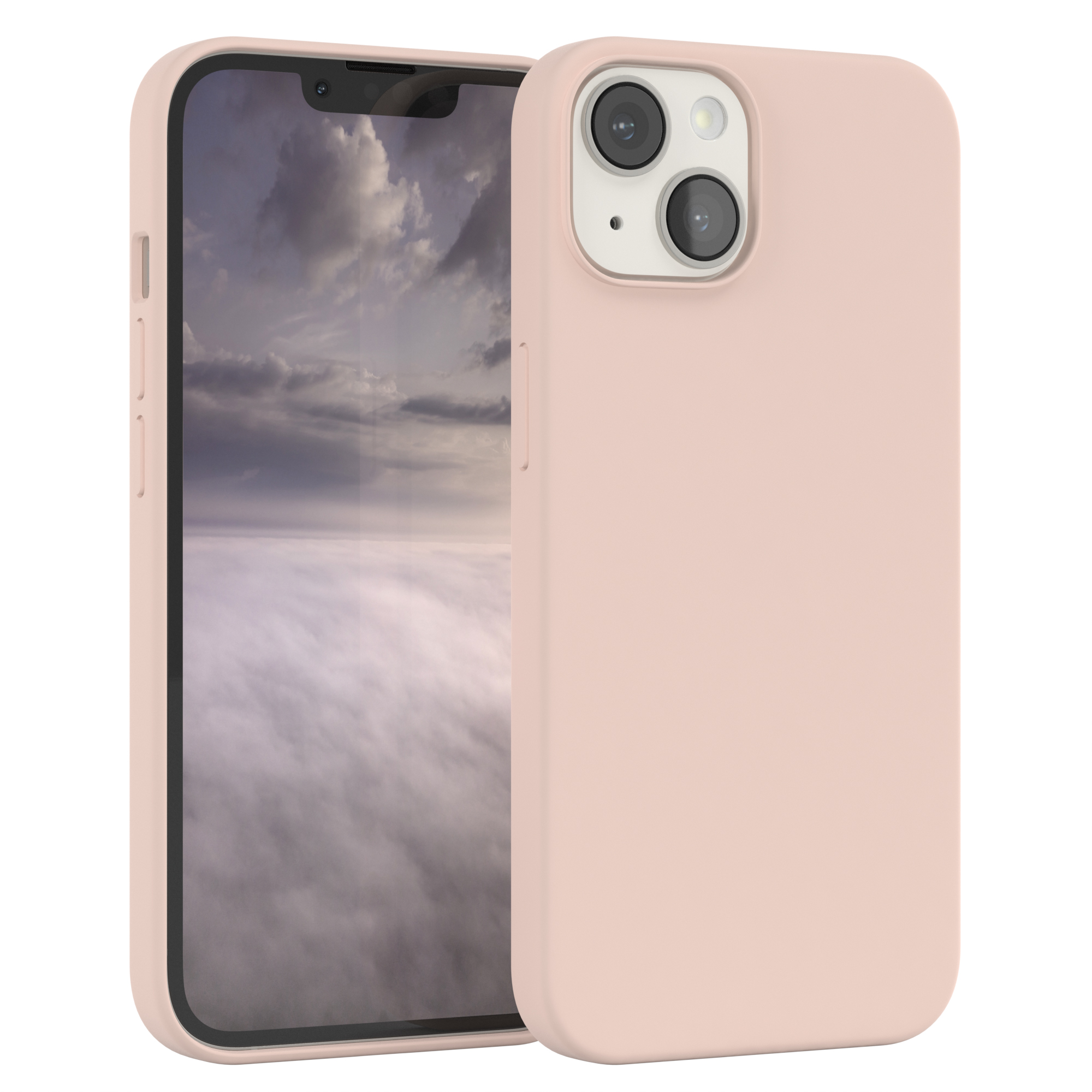 Telefon in einer rosa Hülle. Zwei Hüllen gezeigt. Wolken und Himmel auf dem Bildschirm.