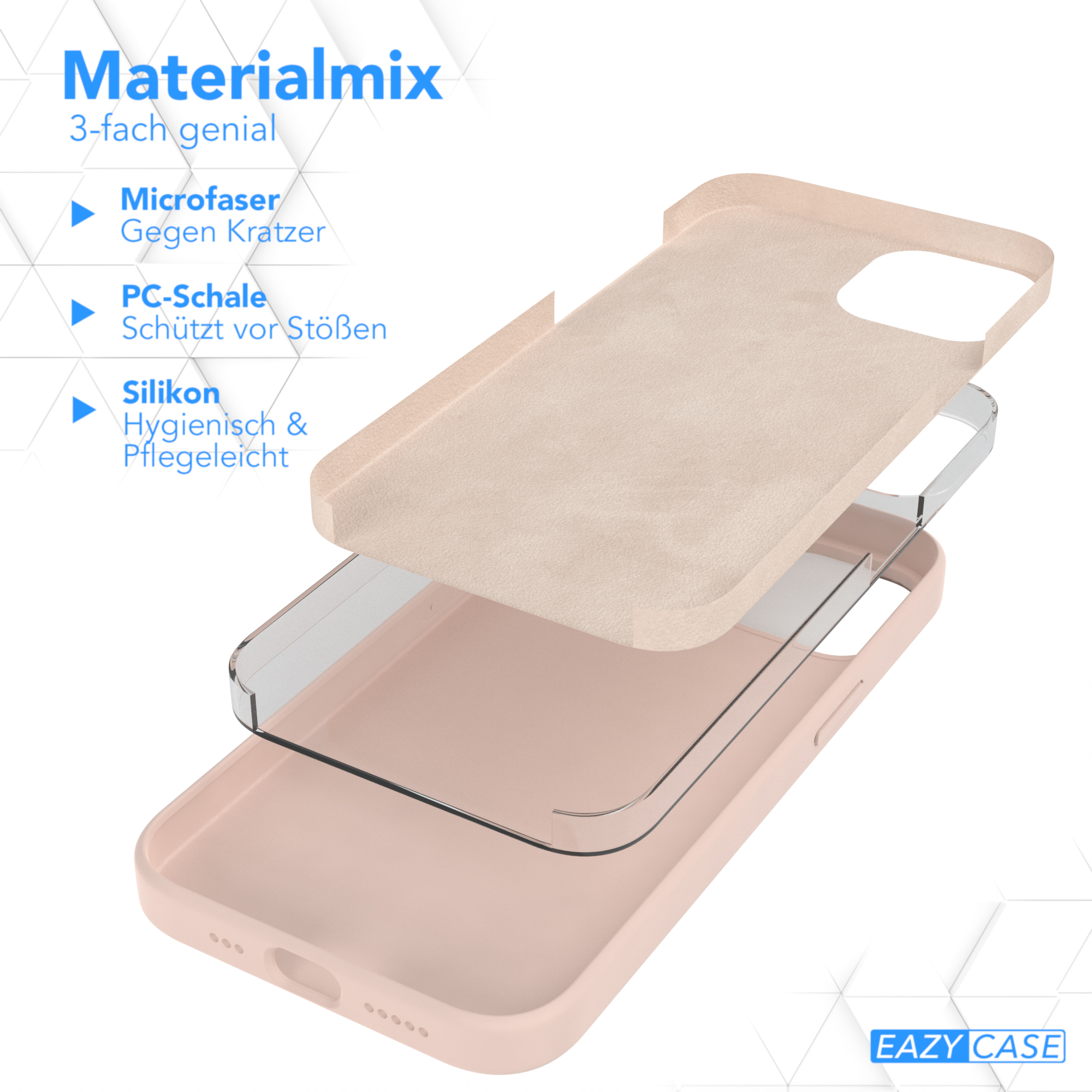 Handyhüllen-Schichten. Mikrofaser, PC-Shell und Silikon. In Rosa, Beige und transparent. Eazy Case Logo sichtbar.