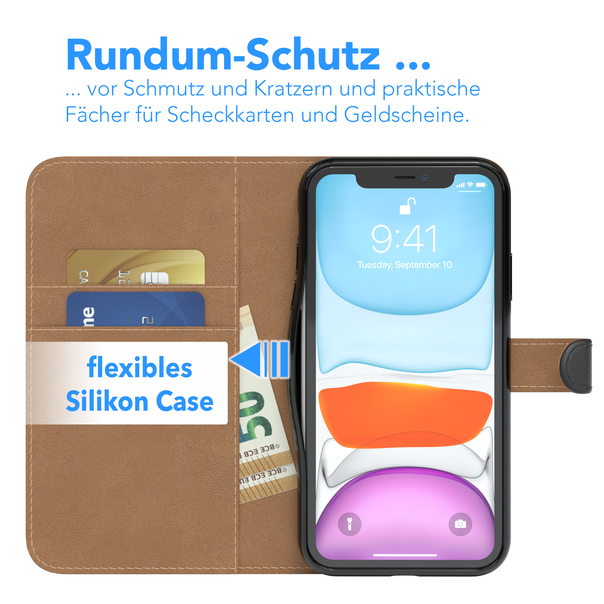 Braune Handyhülle mit Taschen für Karten und Bargeld. Telefon im Etui, Uhrzeit wird angezeigt.