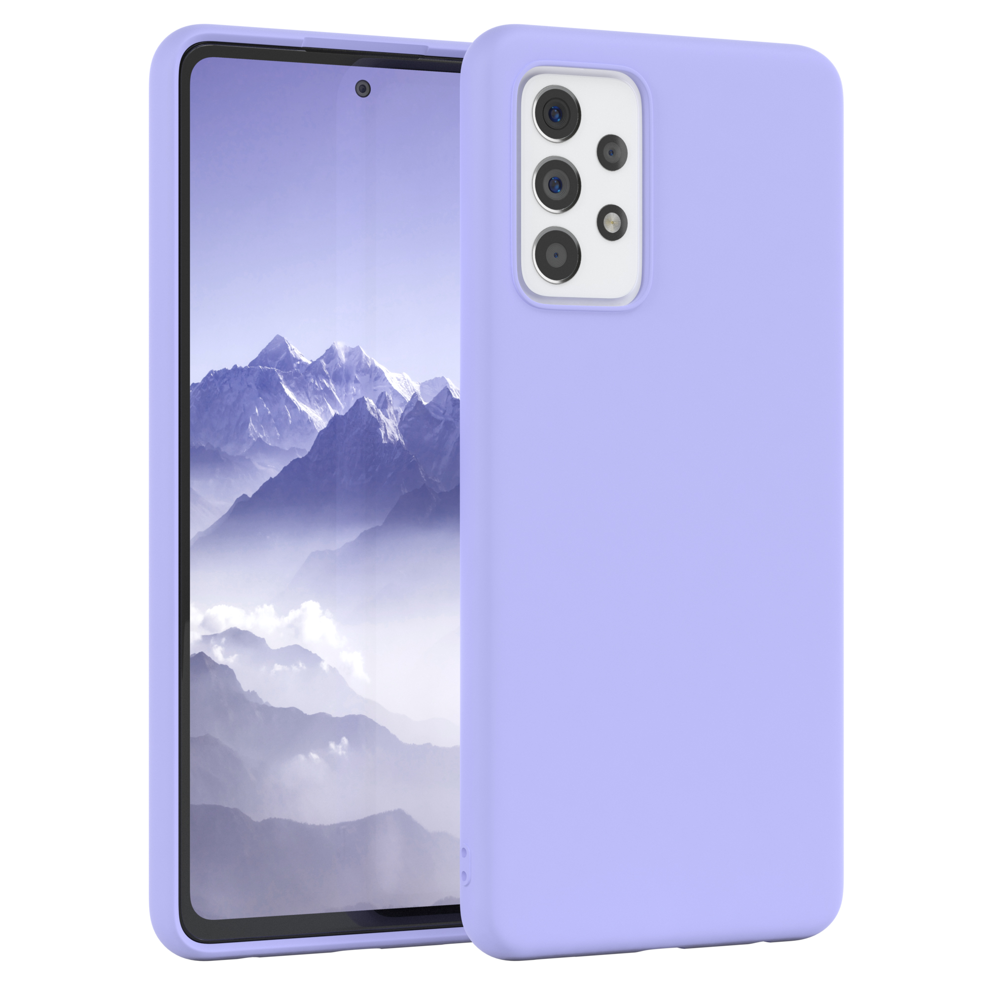 Lila Handyhülle mit einem Telefon auf dem Bildschirm. Weißer Hintergrund.
