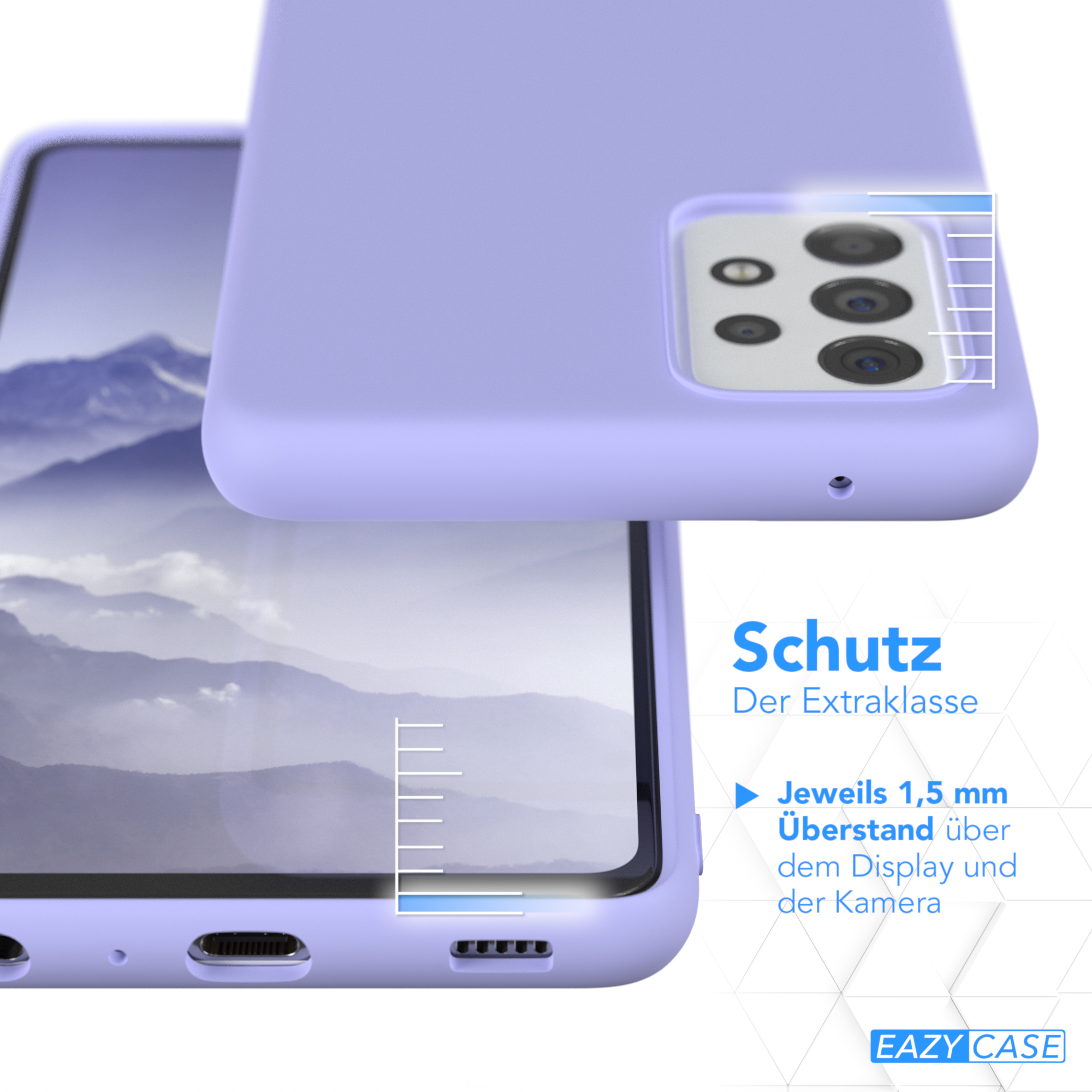 Eine hellviolette Handyhülle mit einem Handy darin. Text: Schutz Der Extraklasse, 1,5 mm Überstand.